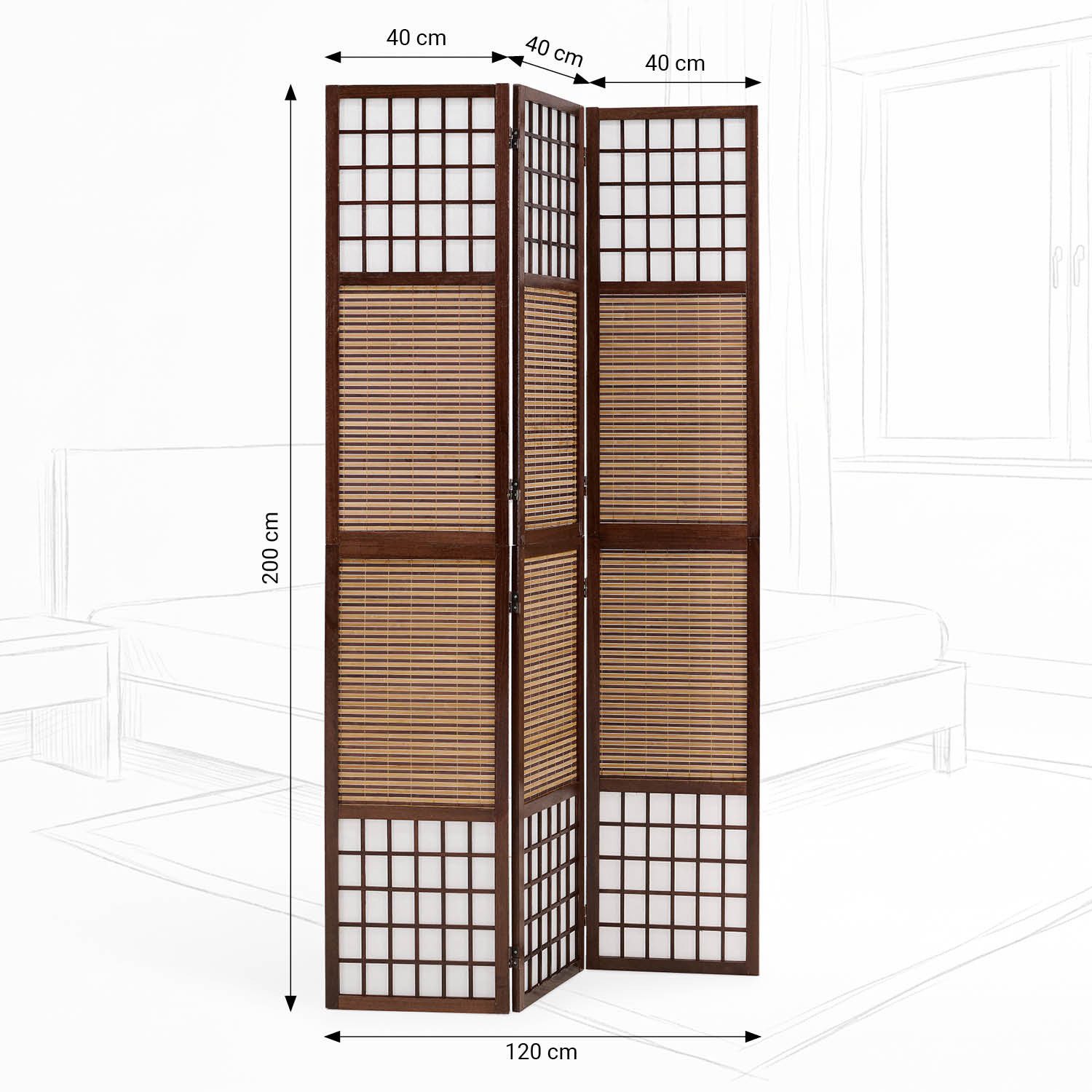 Homestyle4u Paravent Raumteiler Sondergröße 2m Höhe Sichtschutz Schwarz Holz Indoor faltbar (3-teilig), Trennwand, faltbar