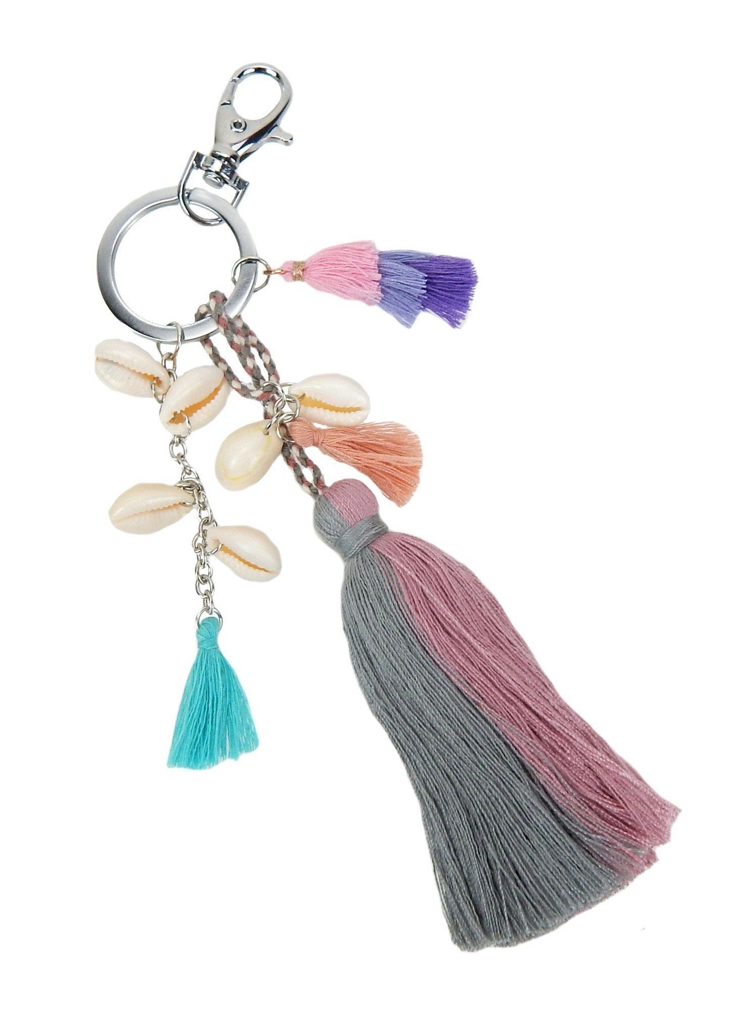 Ella Jonte Taschenanhänger & Schlüsselanhänger mit bunten Quasten & Muscheln im Boho Ibiza Style