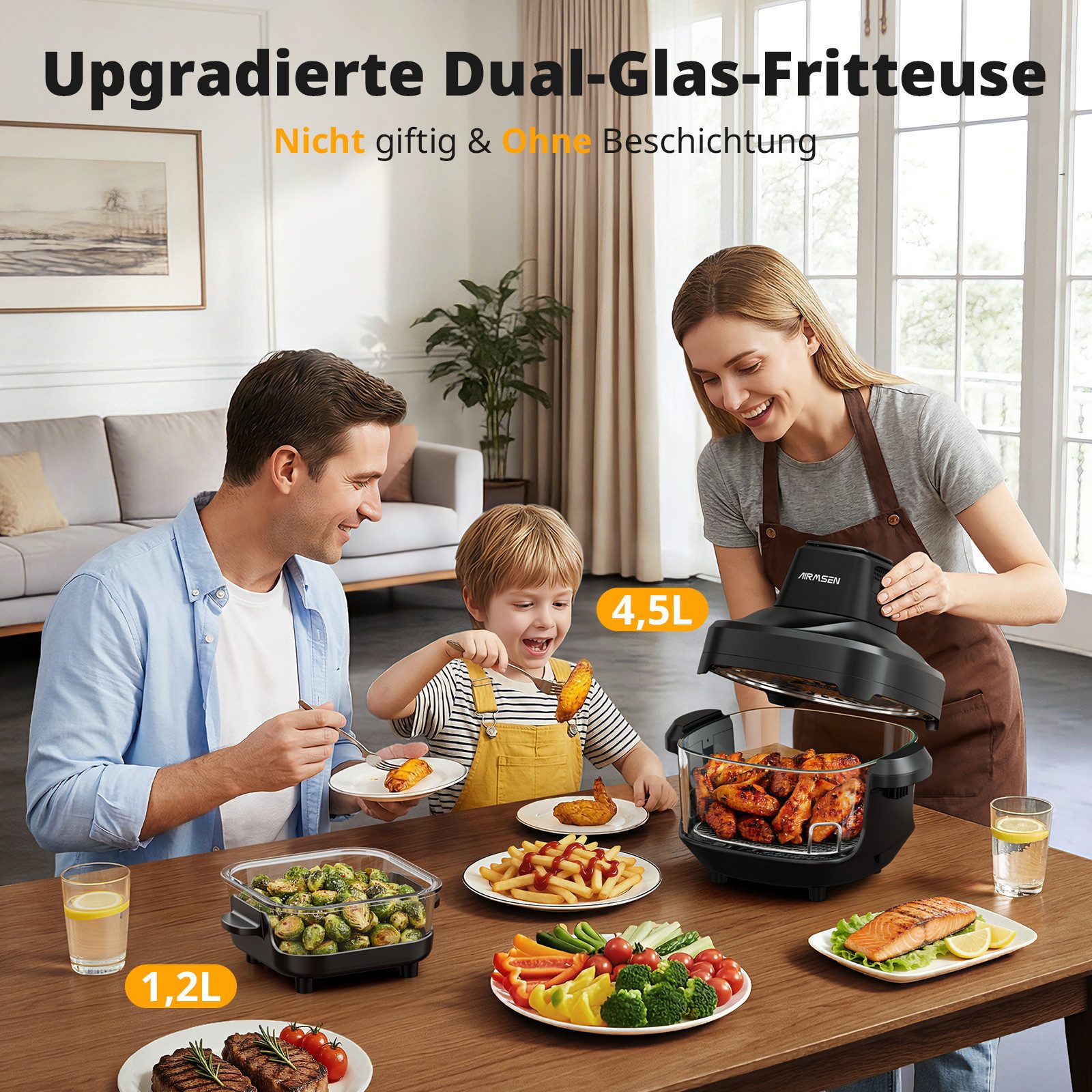 Airmsen Heißluftfritteuse 1500W airfryer mit 360° Sichtfenster & 4 Programme, 1500 W, Ohne Öl,Dual-Kapazitätsdesign mit 4,5L + 1,2L,Abnehmbares Design