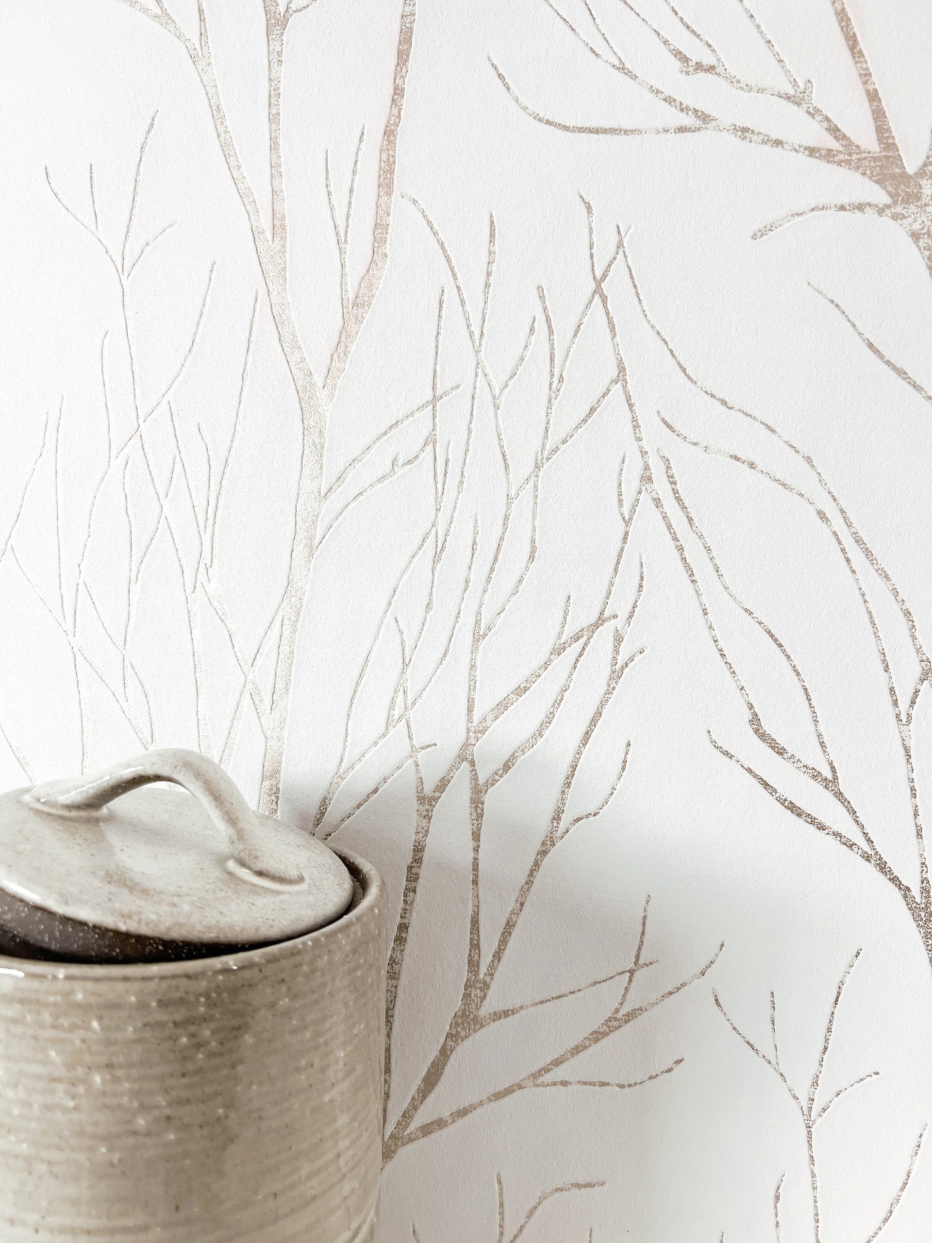 Newroom Vliestapete Spike Rosegold Tapete Blumentapete Äste,Zweige, Weiß Tapete Floral Äste - Blumentapete Äste Rosegold Romantisch 3D Optik Zweige für Schlafzimmer Wohnzimmer Küche, Äste