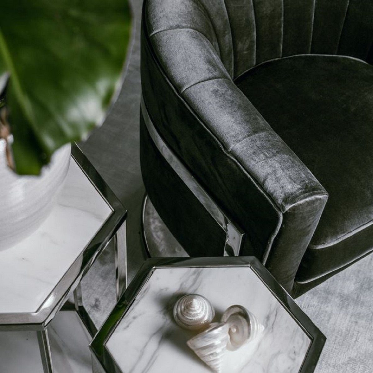 Silber Kollektion / Luxus Casa - Marmorplatten Padrino - mit Tische Beistelltisch Weiß Edelstahl Set Beistelltisch Luxus