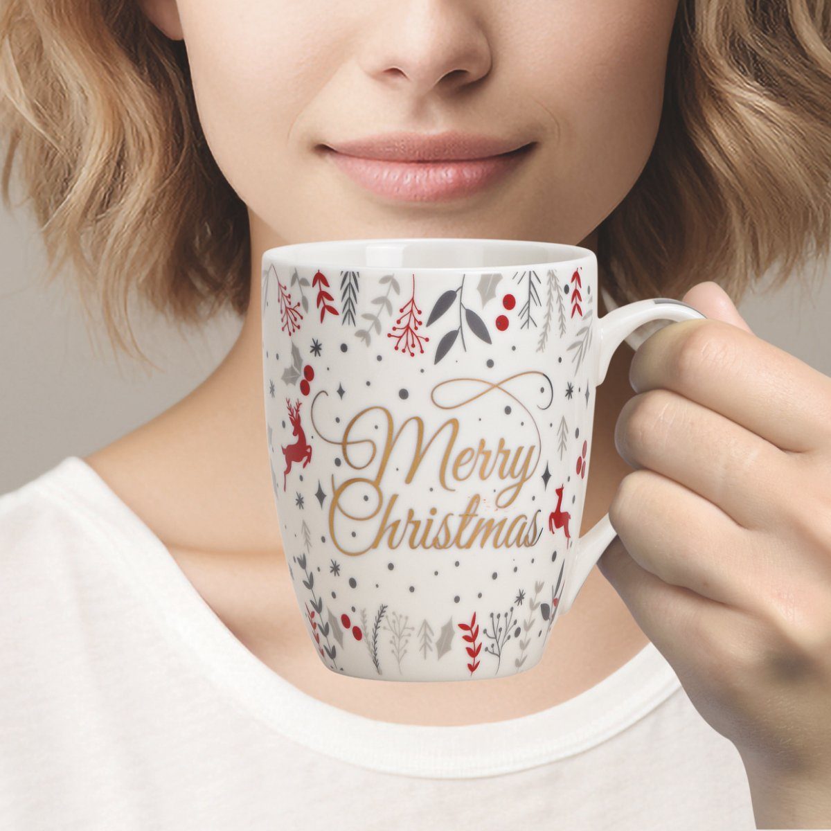 matches21 HOME & HOBBY Tasse Weihnachtassen 2er Set mit Spruch Merry Christmas Kaffeetassen, 2-tlg., Porzellan, Tee Kaffee-Becher, Weihnachten, modern, grau weiss bunt, 300 ml