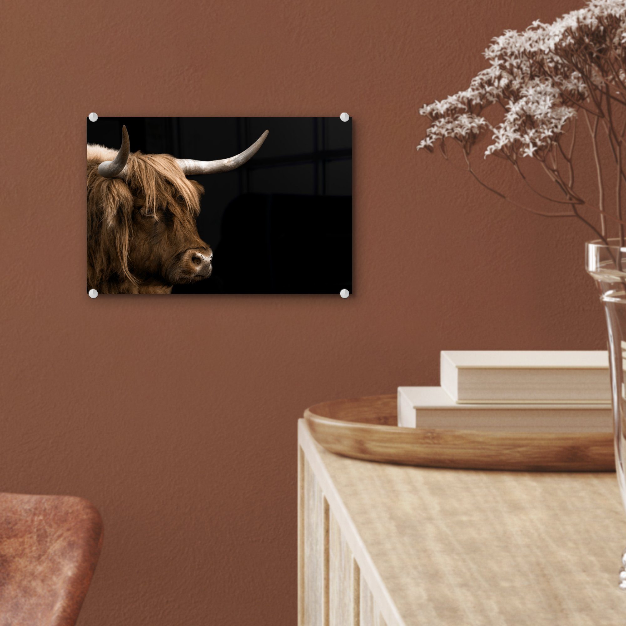 Acrylglasbild - - Highlander auf Schottischer Foto - Wanddekoration Bilder auf Kuh, (1 - Glas Tiere Wandbild St), MuchoWow Glasbilder Glas -