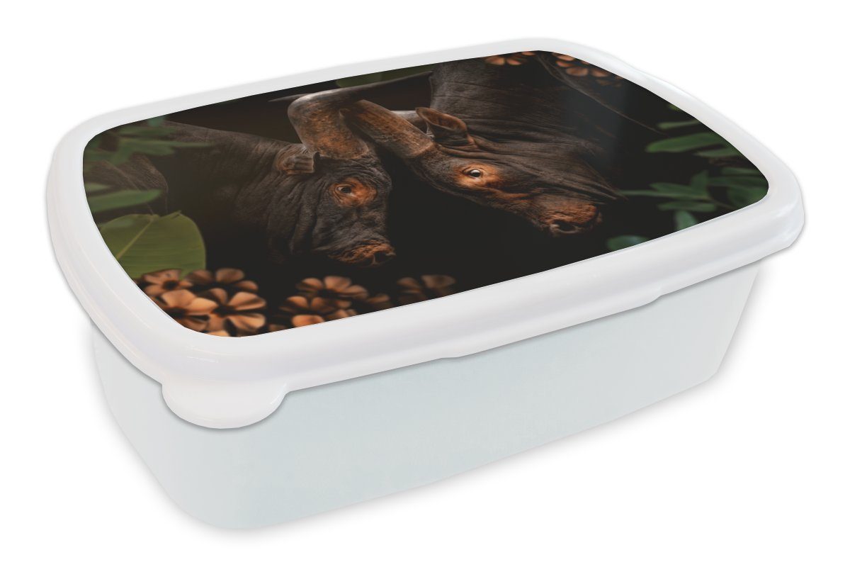 MuchoWow Lunchbox Dschungel - Kuh - Blumen - Pflanzen, Kunststoff, (2-tlg), Brotbox für Kinder und Erwachsene, Brotdose, für Jungs und Mädchen weiß