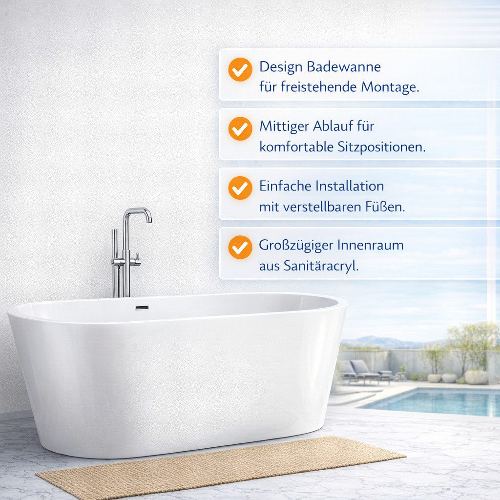welltime Badewanne Tavira, Freistehend, (170x74x60 (LxBxH), Sanitäracryl, mit Pop Up Ventil
