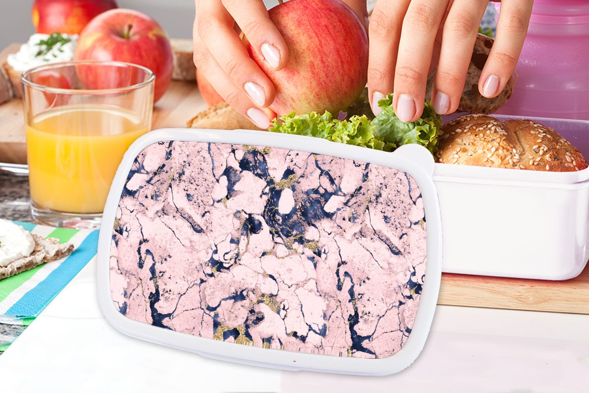 MuchoWow Lunchbox Marmor - Brotbox Gold - - weiß Muster, Kinder (2-tlg), Erwachsene, Jungs für für und Mädchen und Blau - Kunststoff, Rosa Brotdose