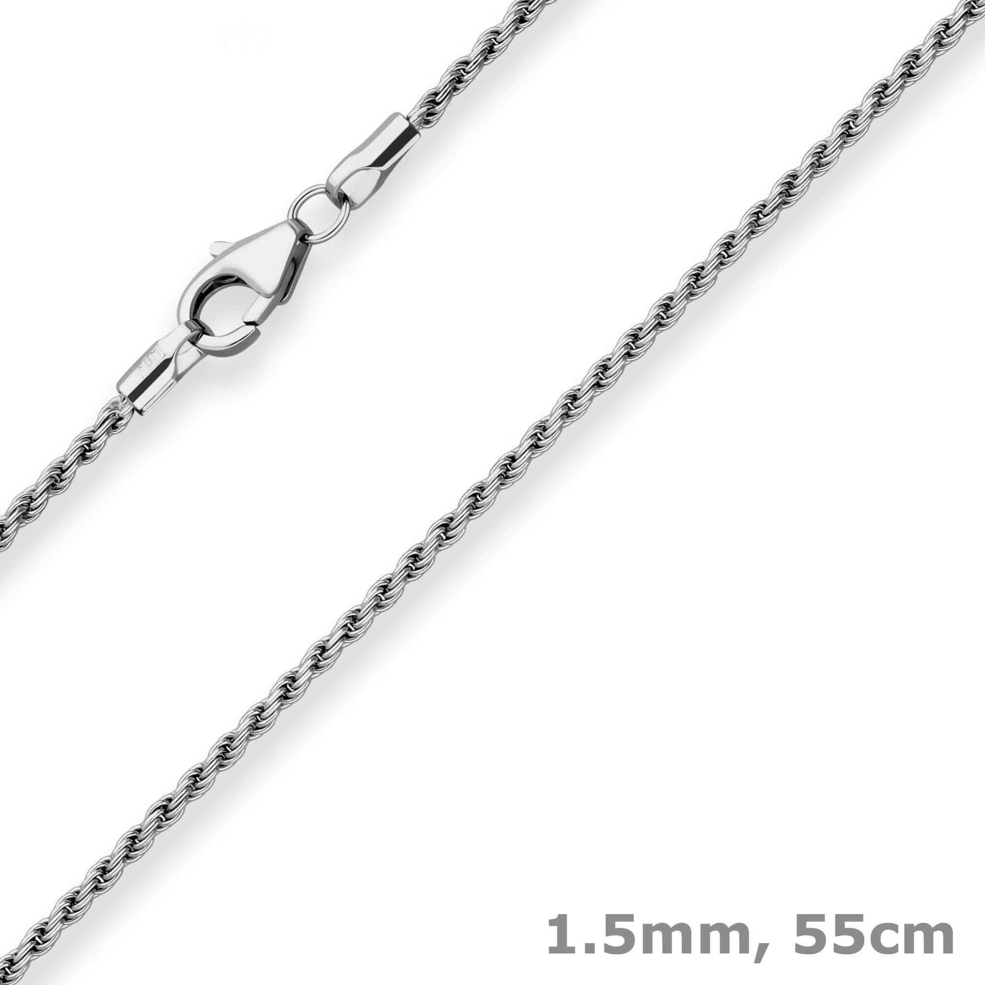 Schmuck Krone Silberkette 1,5mm Kordelkette massiv aus 925 Silber rhodiniert 55cm, Silber 925