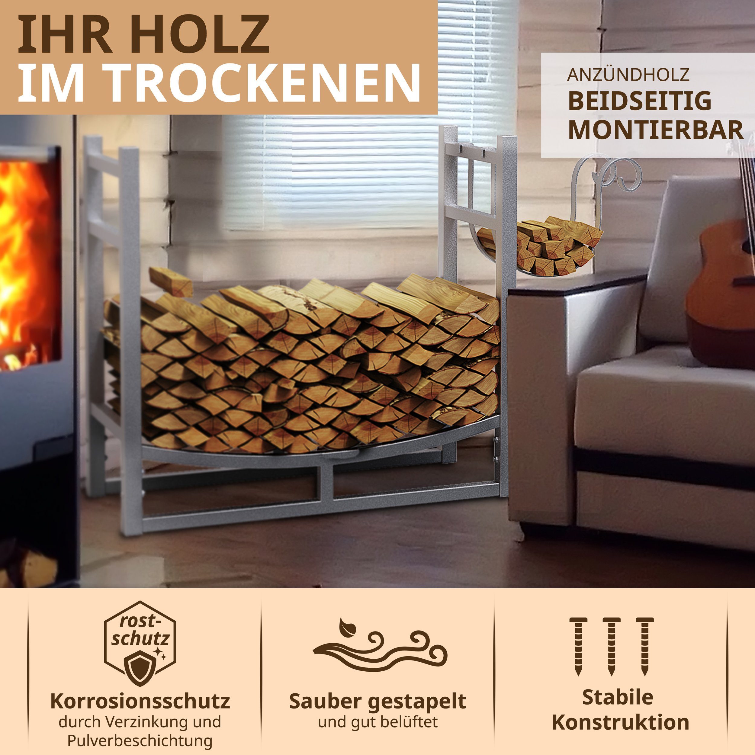 LAWA Living and Lifestyle Kaminholzregal Metall innen Kaminholzhalter Holzlege für 33cm Brennholz Scheite, BxTxH:84x33x76 cm, verzinkt / galvanisiert, pulverbeschichtet