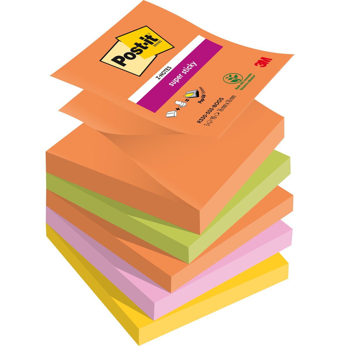 Post-it Notes Haftnotizblock Haftnotiz Super Sticky Z-Notes Boost Collection 76x75mm 90 Blatt sorti
