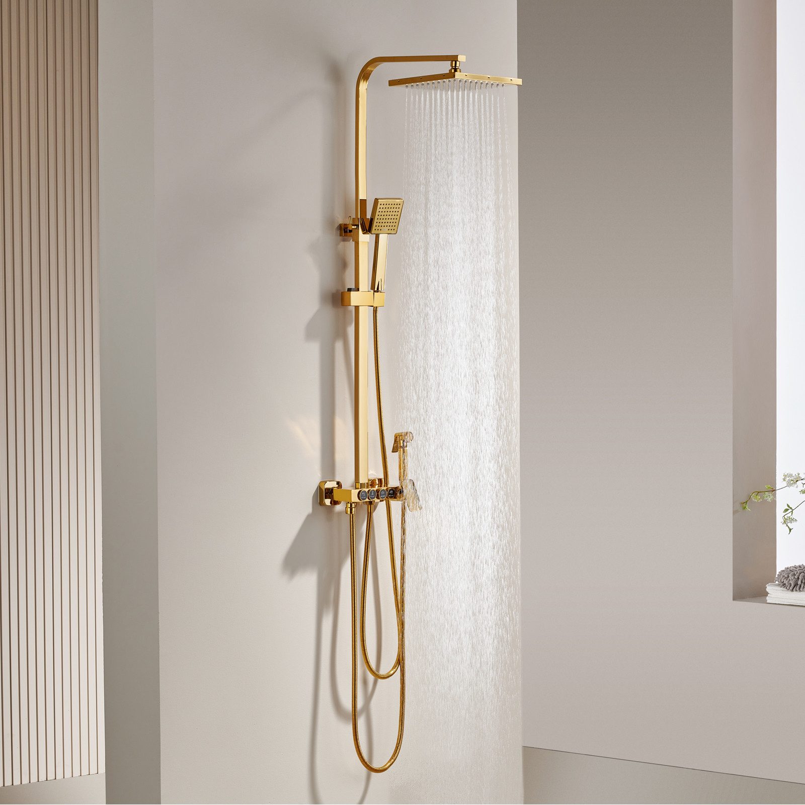 Oihpaw Duschsystem Multifunktionales Duschsystem in Gold: Rechteckiger Regenduschkopf, Handbrause, Badewannenarmatur und Bidet-Handbrause