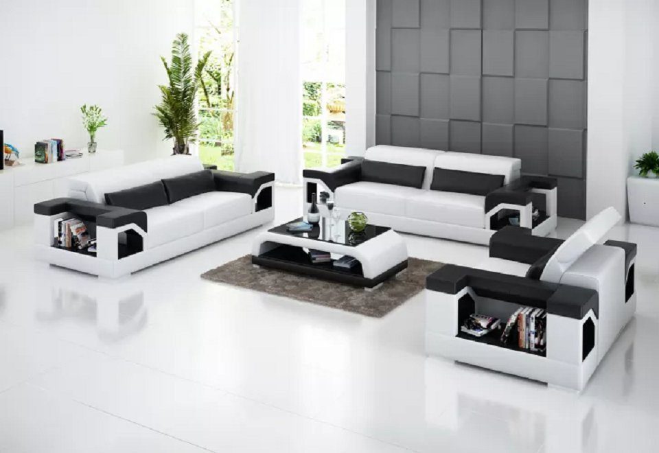 JVmoebel Sofa Couch 321 Sitzer Couchtisch Ledersofa Modernes Sofa Wohnlandschaft, Made in Europe Weiß/Schwarz