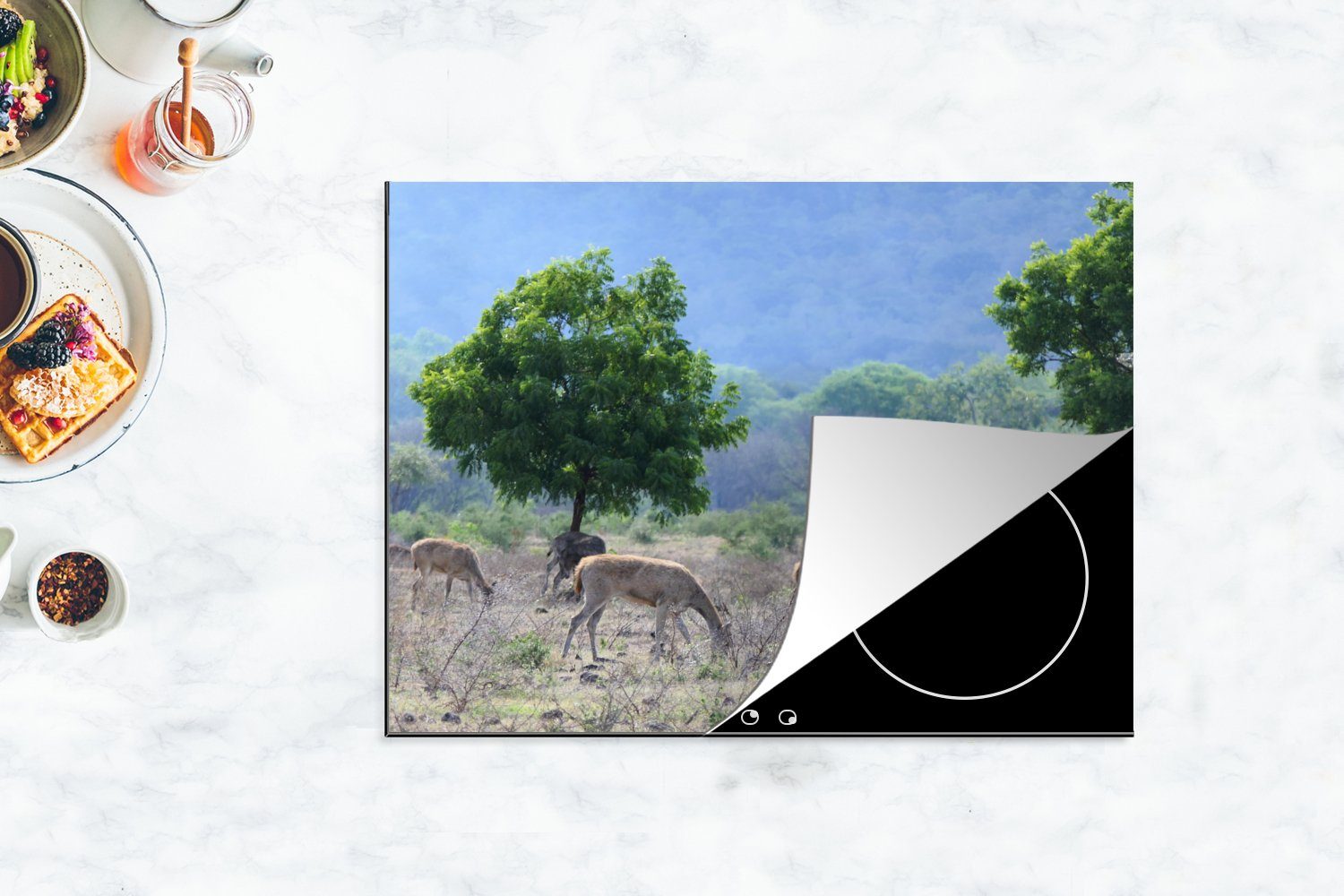 cm, Wilde Mobile Arbeitsfläche Landschaft (1 der Herdblende-/Abdeckplatte Baluran-Nationalparks, Tiere des in tlg), Vinyl, 70x52 MuchoWow nutzbar, Ceranfeldabdeckung