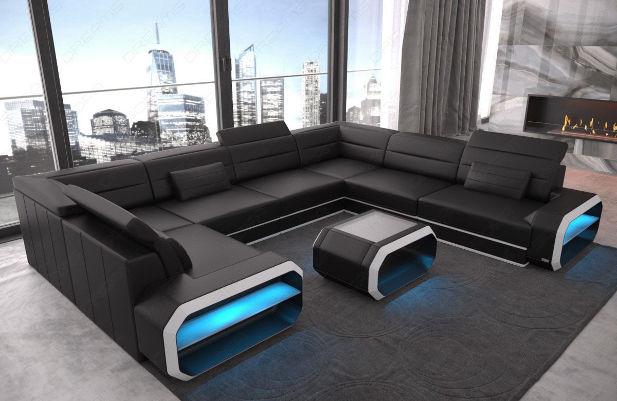 Sofa Dreams Wohnlandschaft Ledersofa Verona U Form Mini, Designersofa, Sofa mit Licht und USB