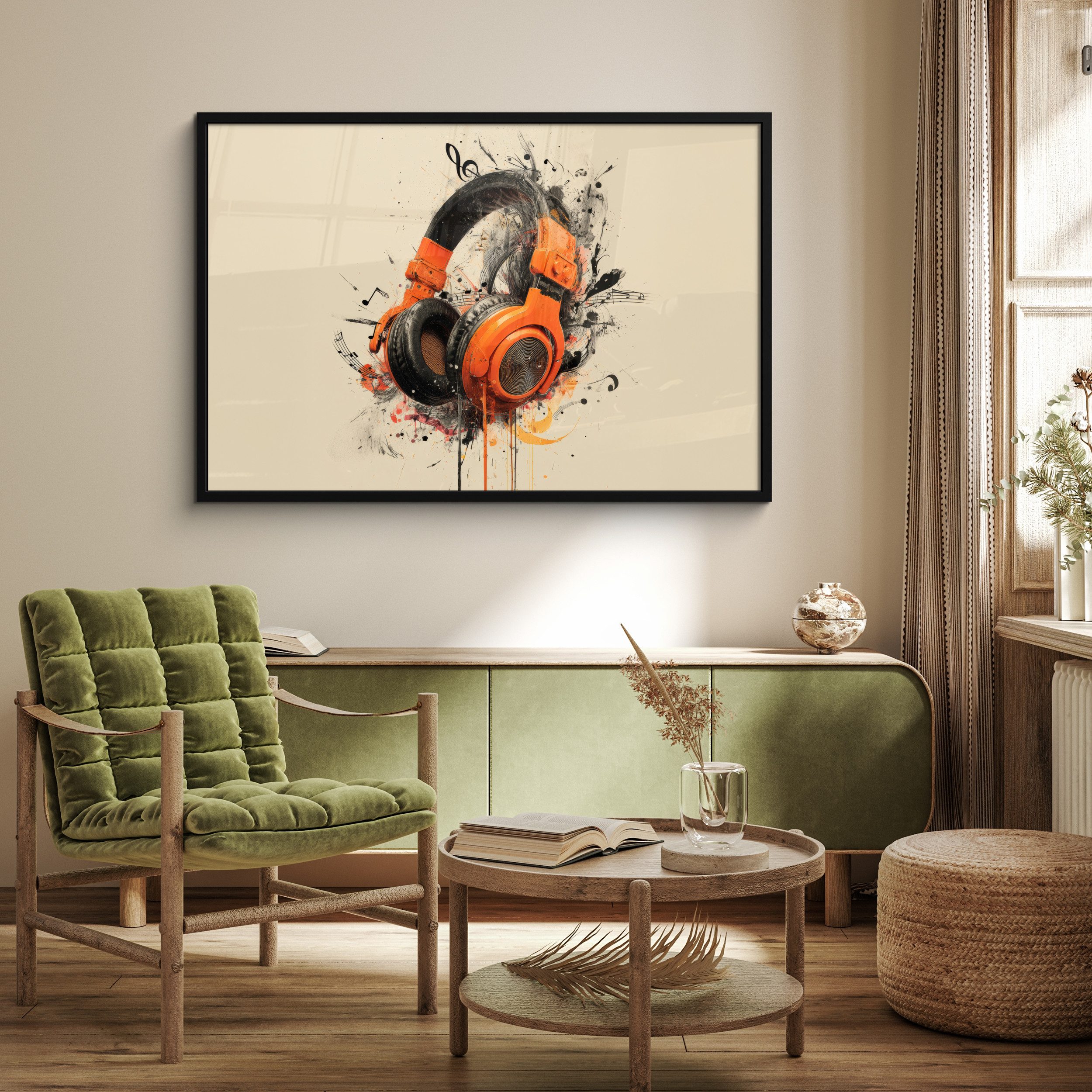 MuchoWow Poster Kopfhörer - Orange - Explosiv, (1 St), Bilderrahmen, Dekoration für die Wand Wohnzimmer, 120x80 cm