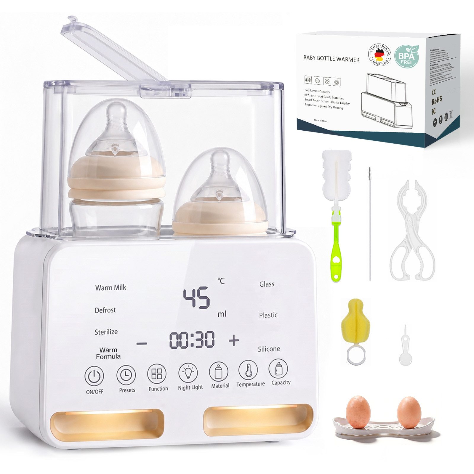 SWGOTA Babyflaschenwärmer 2026 Neuer 12-in-1 Babyflaschenwärmer Sterilisator 2 Flaschen BPA-frei, Für 30–300 ml,PTC-Schnellheizung,48H Warmhalten,Nachtlicht,1–24H Timer