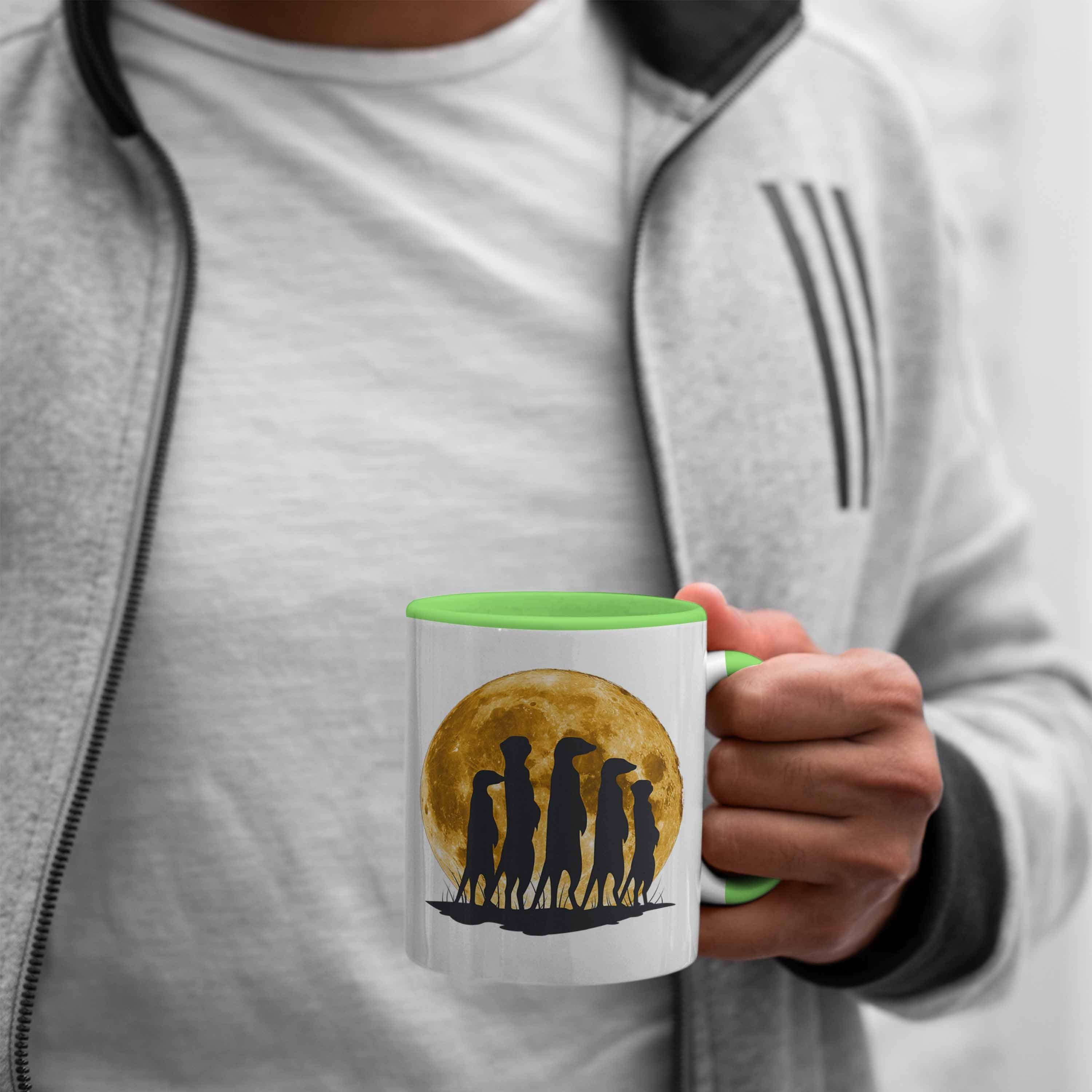 Trendation Tasse Erdmännchen Mondgrafik Grün für Geschenk Tasse Tierliebhaber