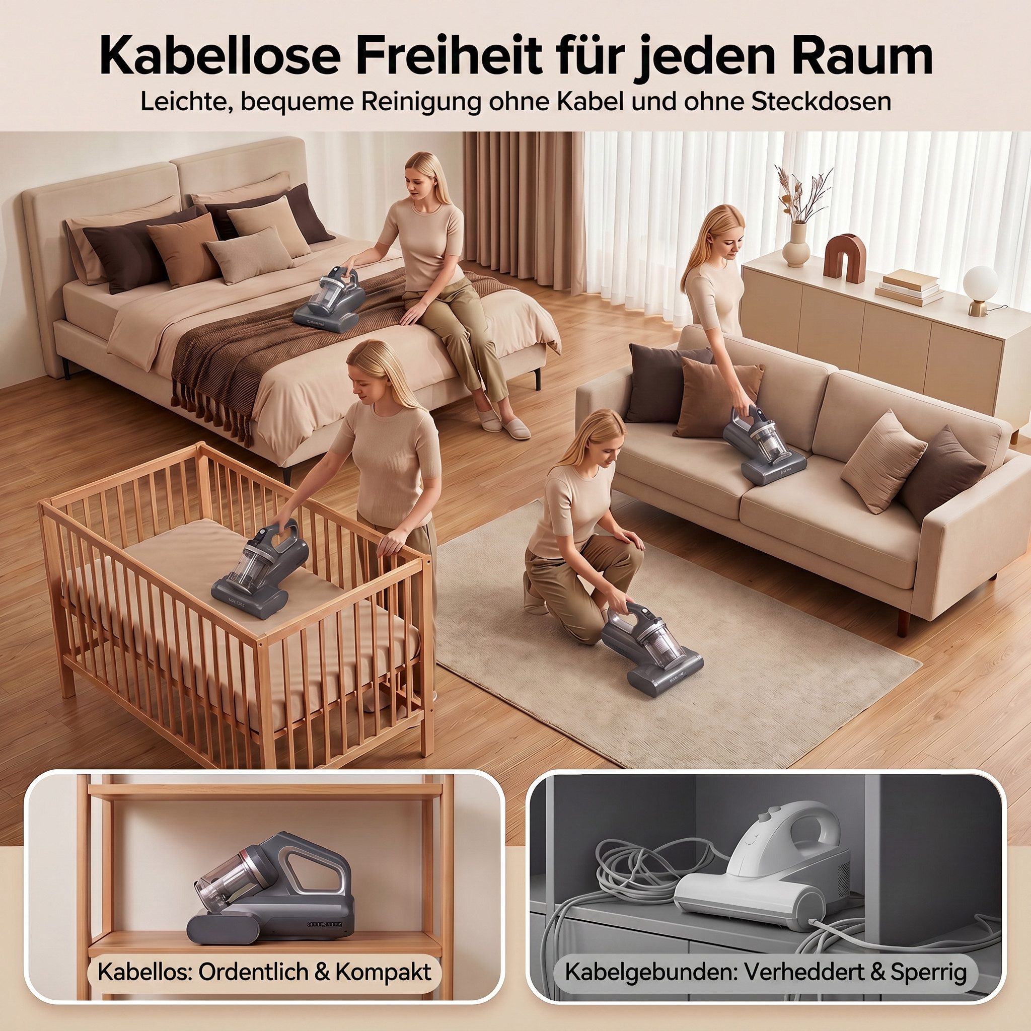 lubluelu Matratzenreinigungsgerät CM210 Kabelloser Milbenstaubsauger mit UV-C-Licht 15Kpa, 170 W, beutellos, mit USB-C Ladefunktion / Handstaubsauger für Matratzen, Betten,Sofa