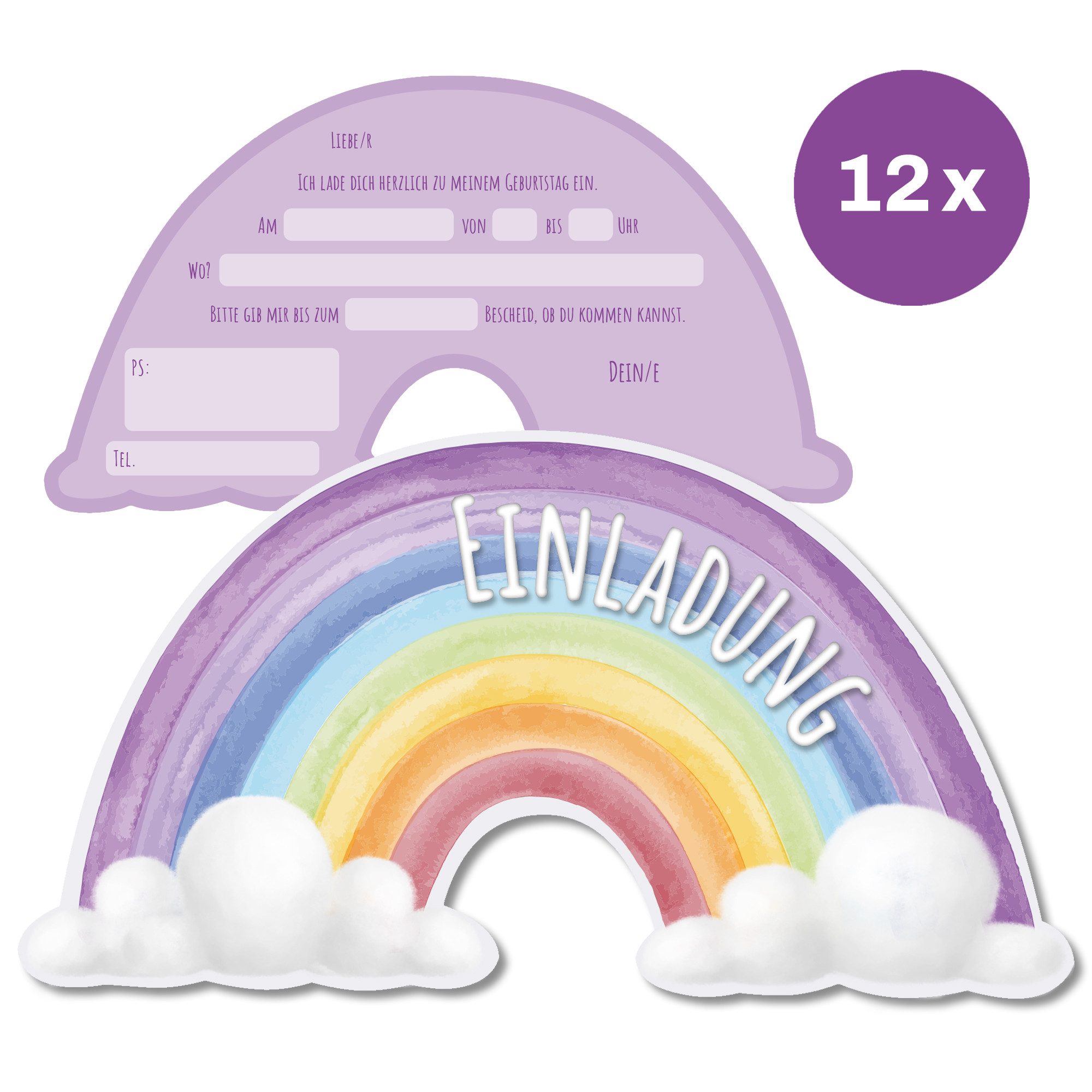 CUPCAKES & KISSES Einladungskarten 12x Regenbogen Einladungskarten Kindergeburtstag für Kinder, Regenbogen