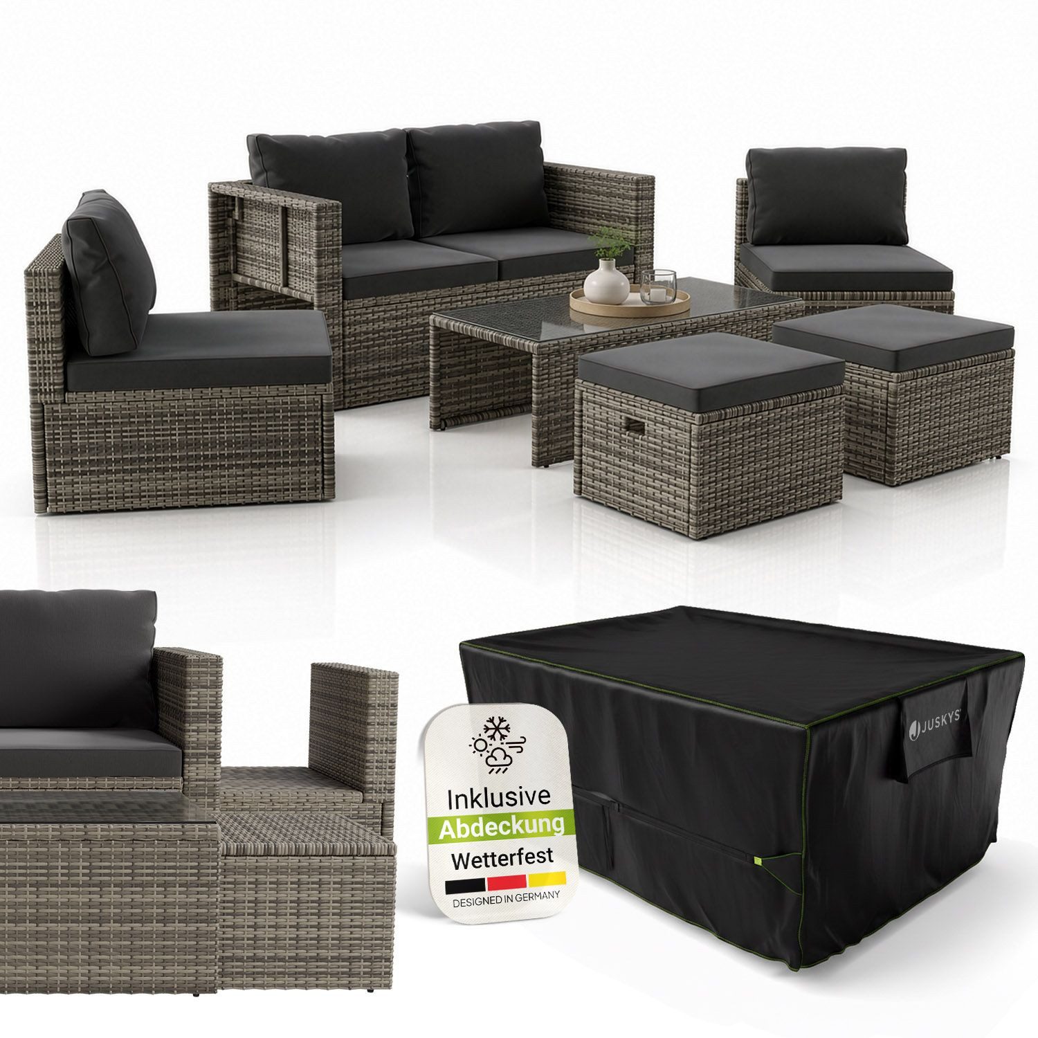 Juskys Gartenlounge-Set Salou, (6-tlg), für 6 Personen, Polyrattan, Glasplatte, mit Kissen & Abdeckung