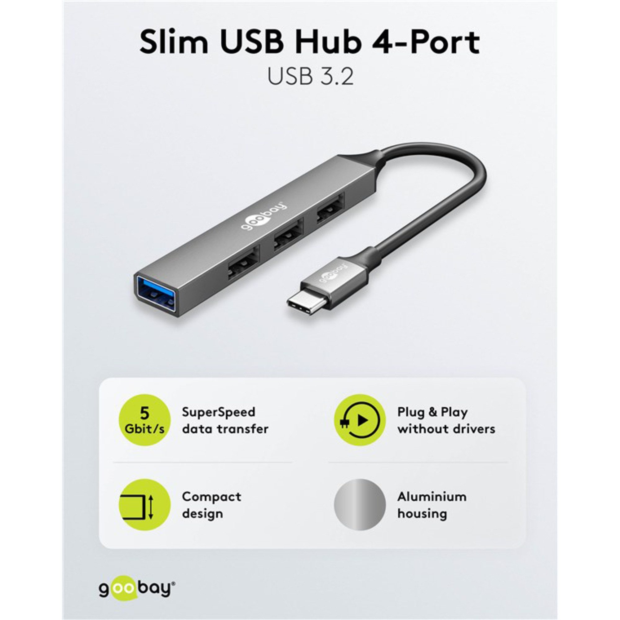 Goobay goobay Slim 4-Port USB-Hub, USB-C auf USB-A, USB Netzteil