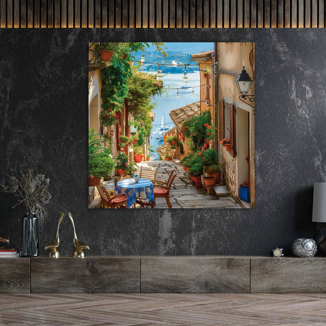 Artedinoi Leinwandbild Toskana Italien Gasse See mit Segelboote Leinwandbild Wandbild Kunstdr