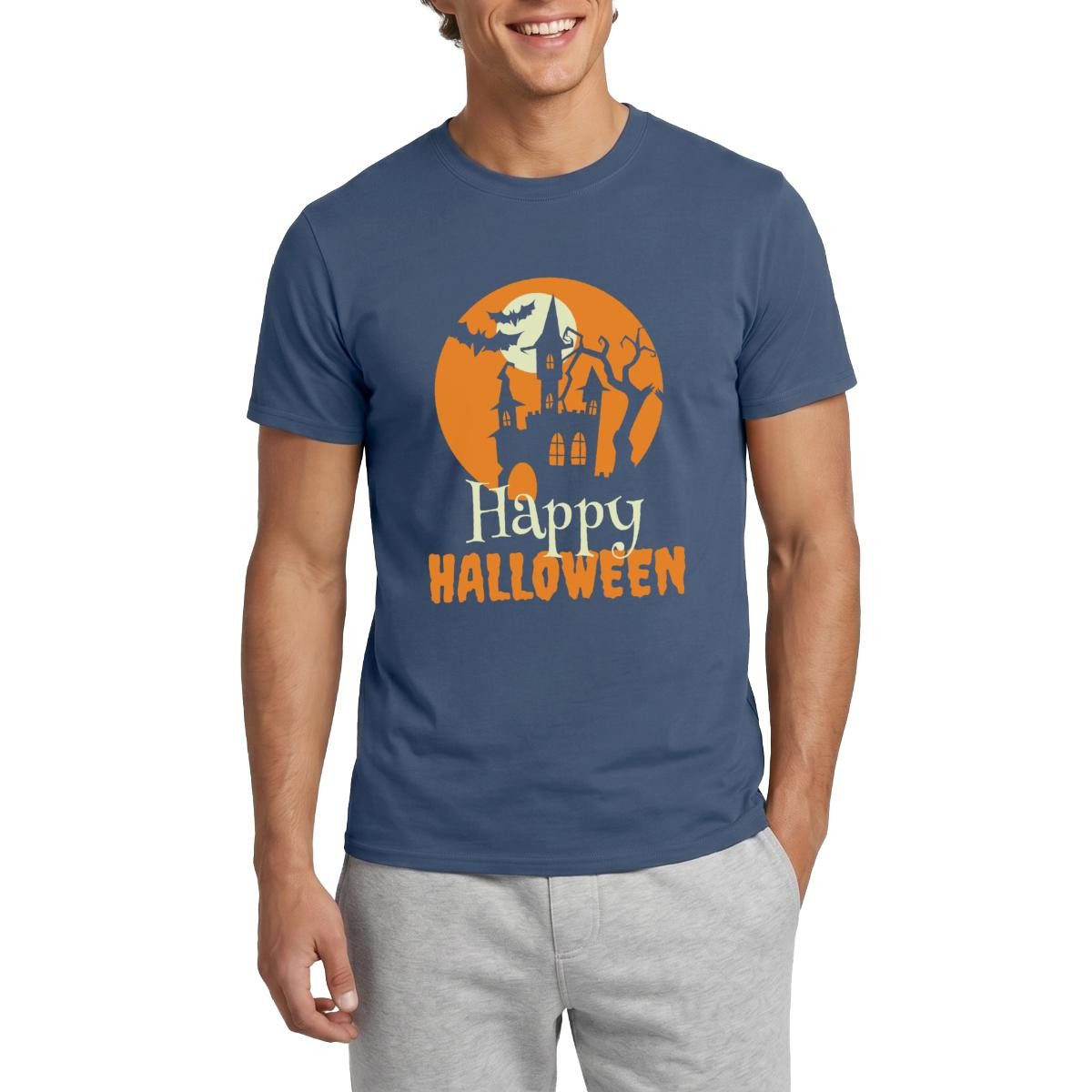 T-Shirt Happy Halloween Spukhaus Mit Vollmond Und Fledermaus Männer T-Shirt