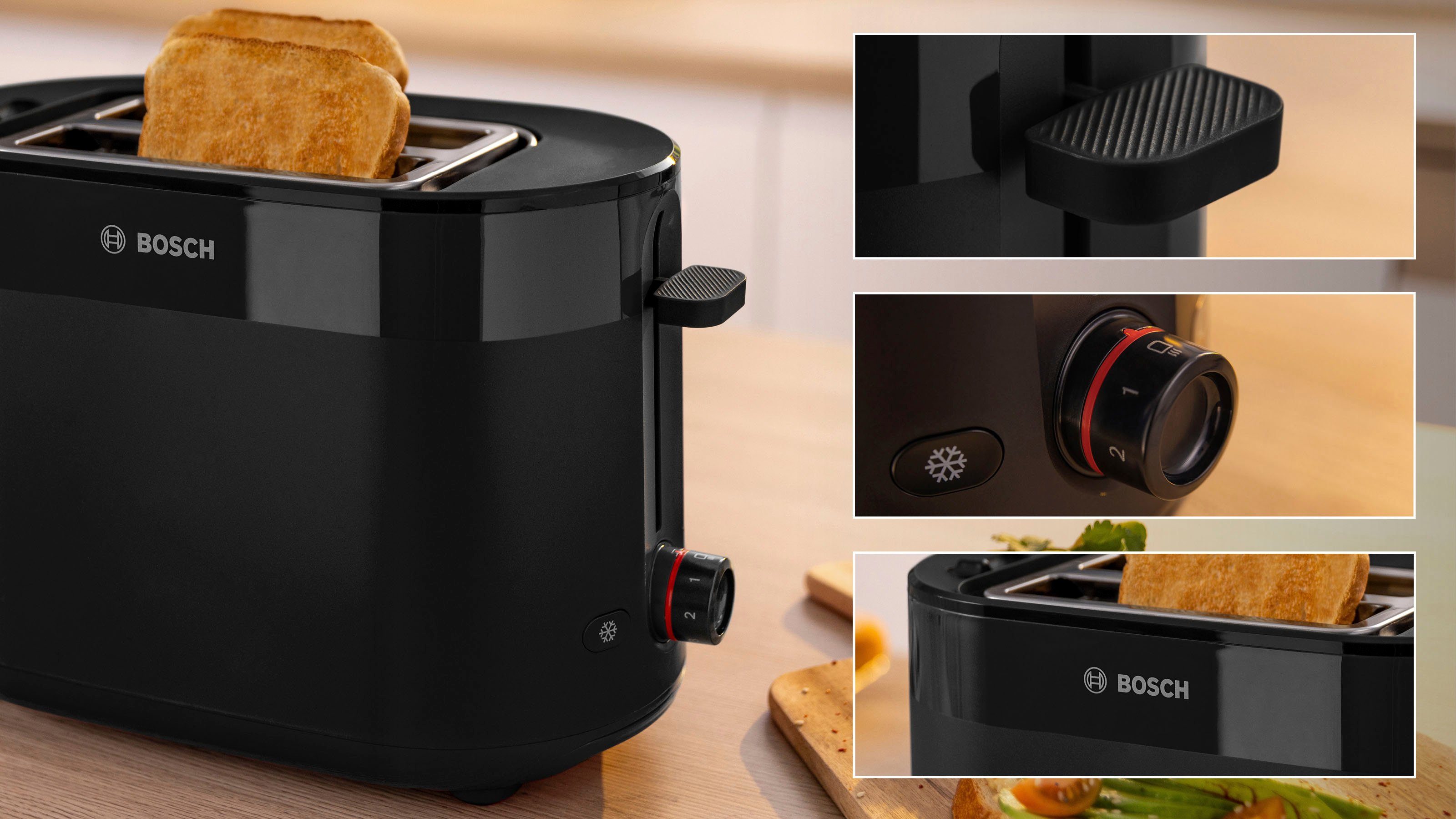 BOSCH Toaster MyMoment TAT2M123, 2 Schlitze, für 2 Scheiben, 950 W, integrierter Brötchenaufsatz, Auftaufunktion, Brotzentrierung, AutoOff – Bild 5 von 5