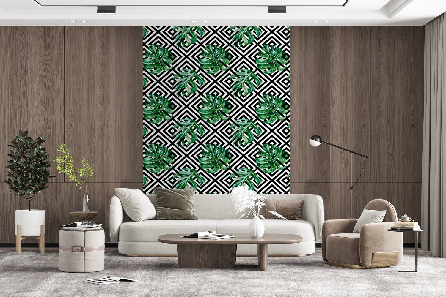 St), bedruckt, Tapete MuchoWow Fototapete Wohnzimmer, Monstera Wandtapete Jahrgang Montagefertig - für Vinyl Muster, (3 Matt, -