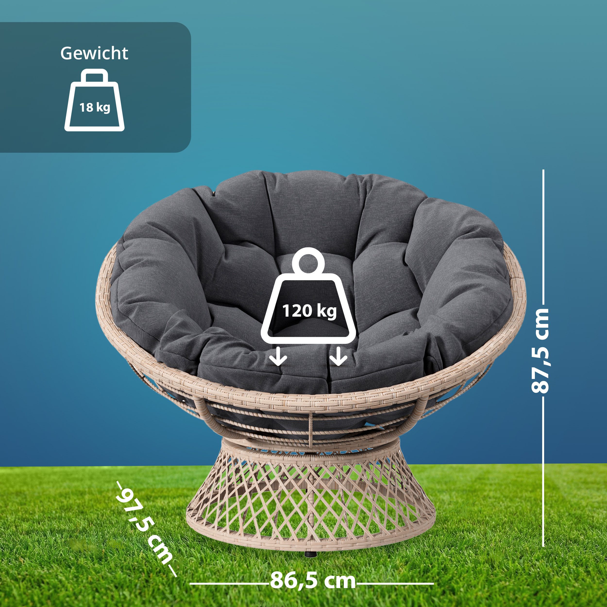 KHG Gartenlounge-Sessel Relax-Sessel Creme mit Polsterkissen Anthrazit, bis 120 kg belastbar (Lounge Sessel Rund, 1-St), Gepolstert