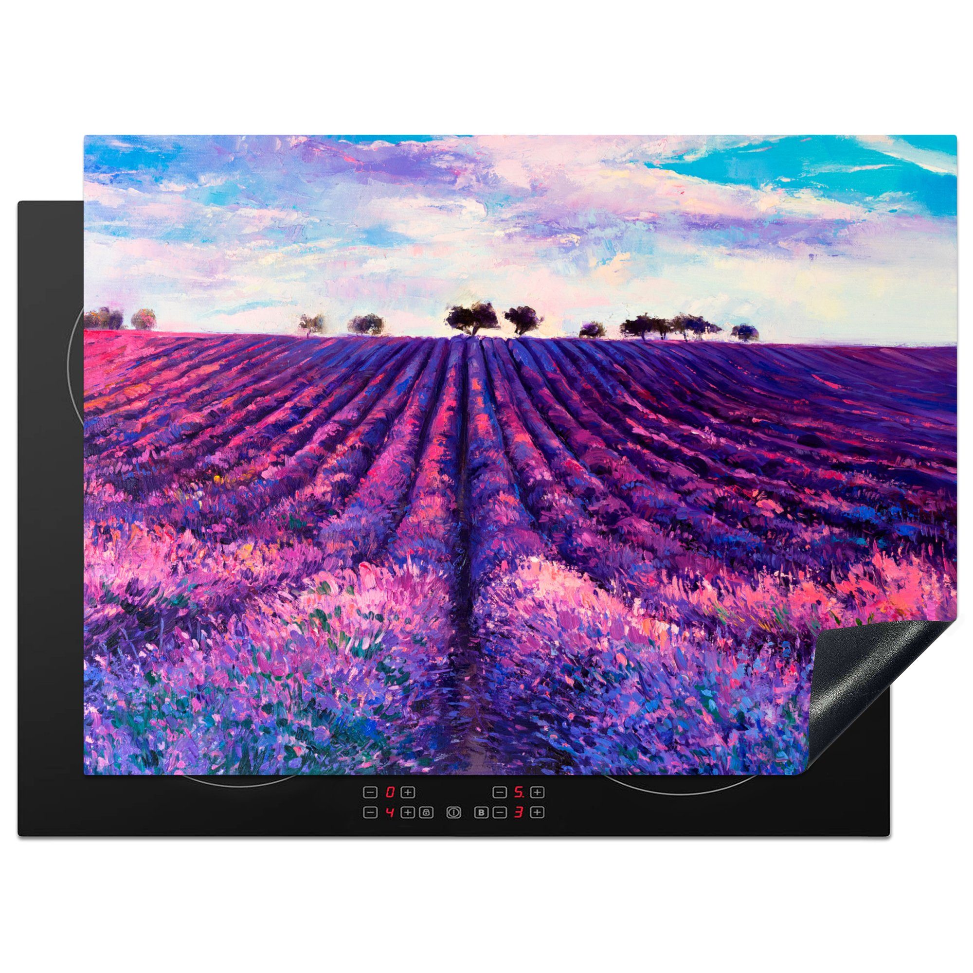 MuchoWow Herdblende-/Abdeckplatte Malerei - Lavendel - Blumen - Ölfarbe - Natur, Vinyl, (1 tlg), 70x52 cm, Mobile Arbeitsfläche nutzbar, Ceranfeldabdeckung
