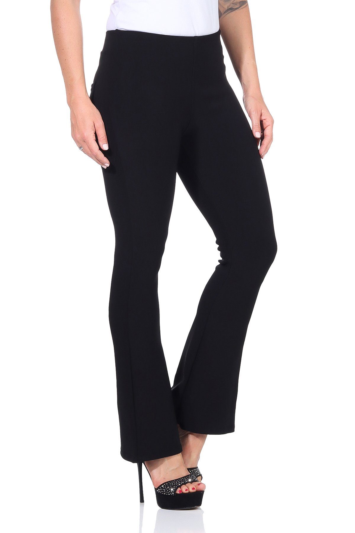 Aurela Damenmode Bootcuthose Schlaghose Damen Schwarz Boot Cut Stoffhose elegant mit elastischem Bund, auch in großen Größen