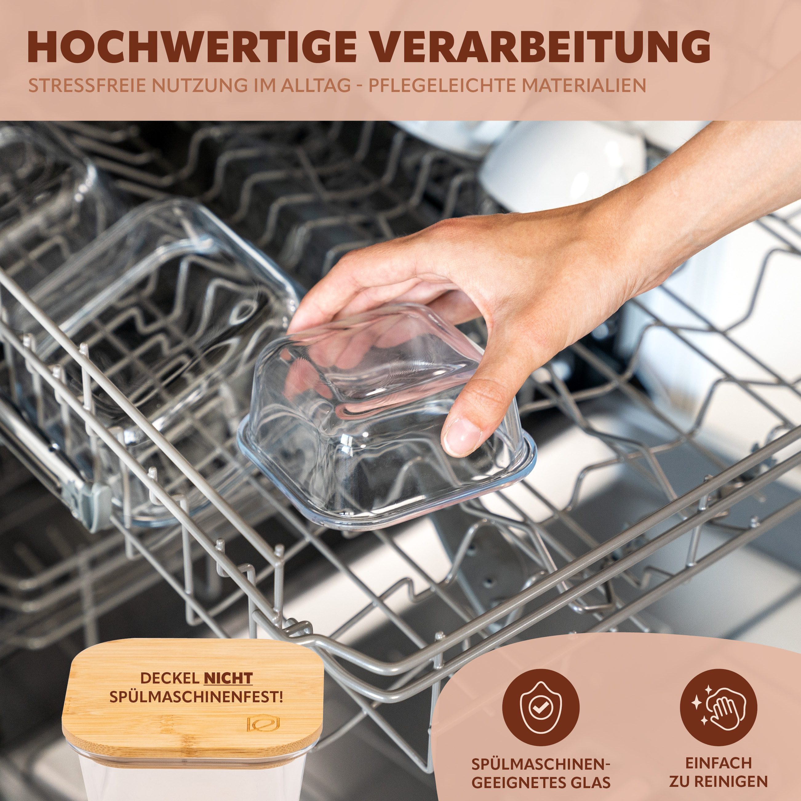 eluno Frischhaltedose Glas-Aufbewahrungsdosen inkl. Bambusdeckel, quadratisch, Glas, Bambus, (3-tlg) – Bild 5 von 5
