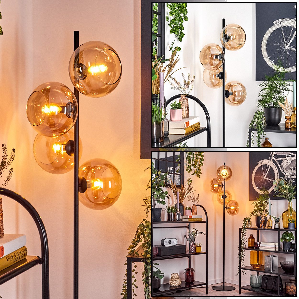 Stehlampe Stehlampe aus Metall/Glas in Schwarz/Bernsteinfarben mit Fußschalter