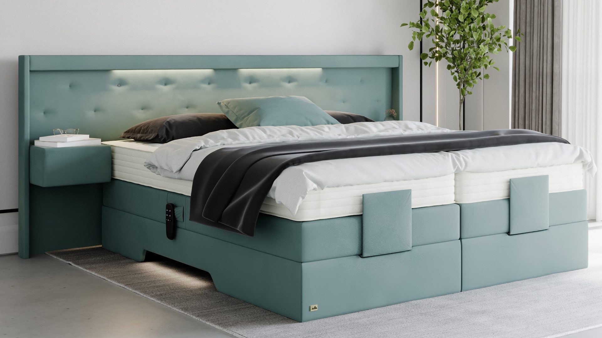 PAARA Boxspringbett mit Nachttisch elektrisch verstellbar LED Modell Paris, mit einzigartigem Belüftungssystem
