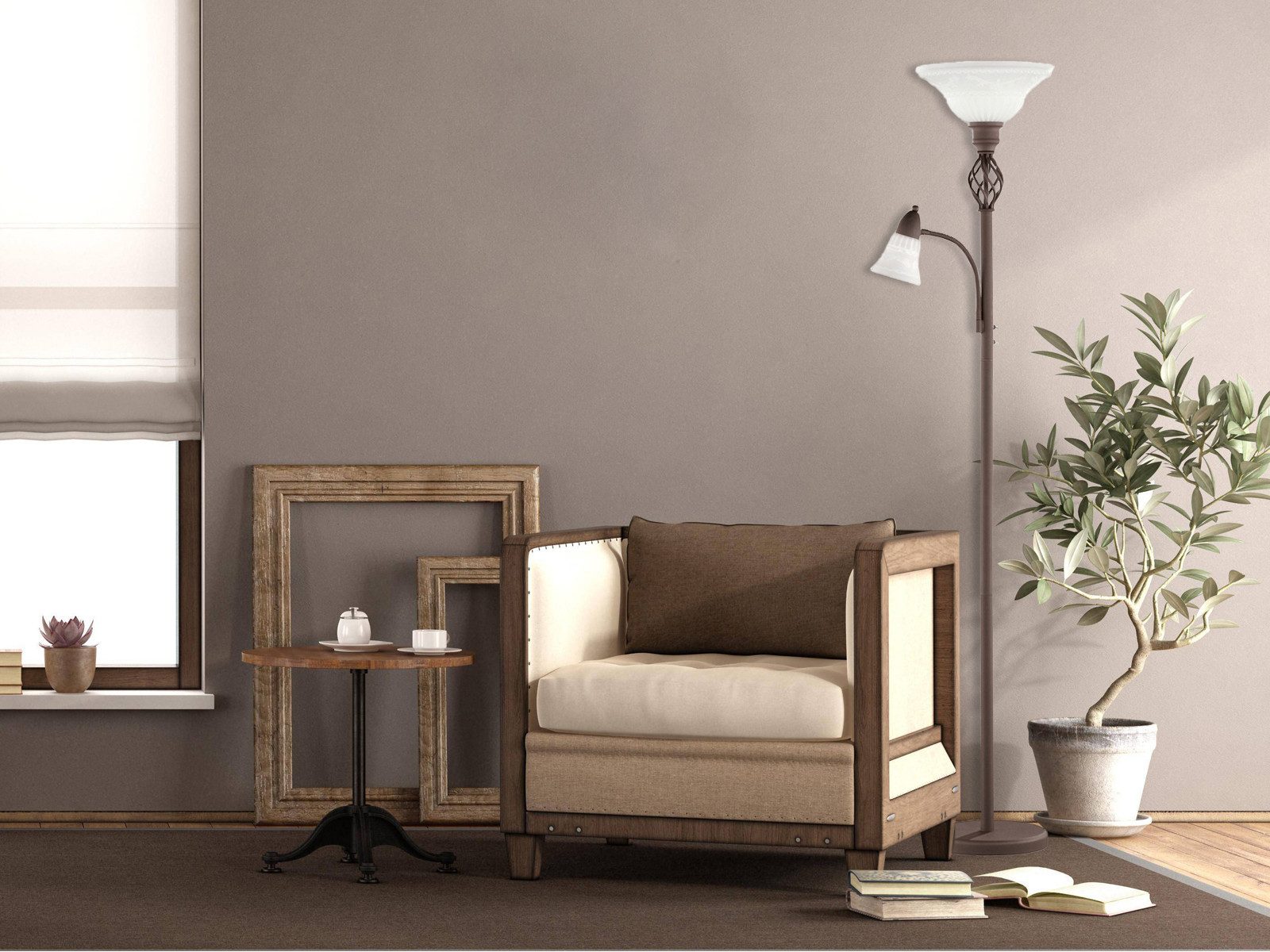 TRIO Leuchten LED Deckenfluter, Dimmfunktion, LED wechselbar, Warmweiß, Stehlampe Landhaus-stil mit Leselampe Glas Lampenschirm, Höhe 180cm