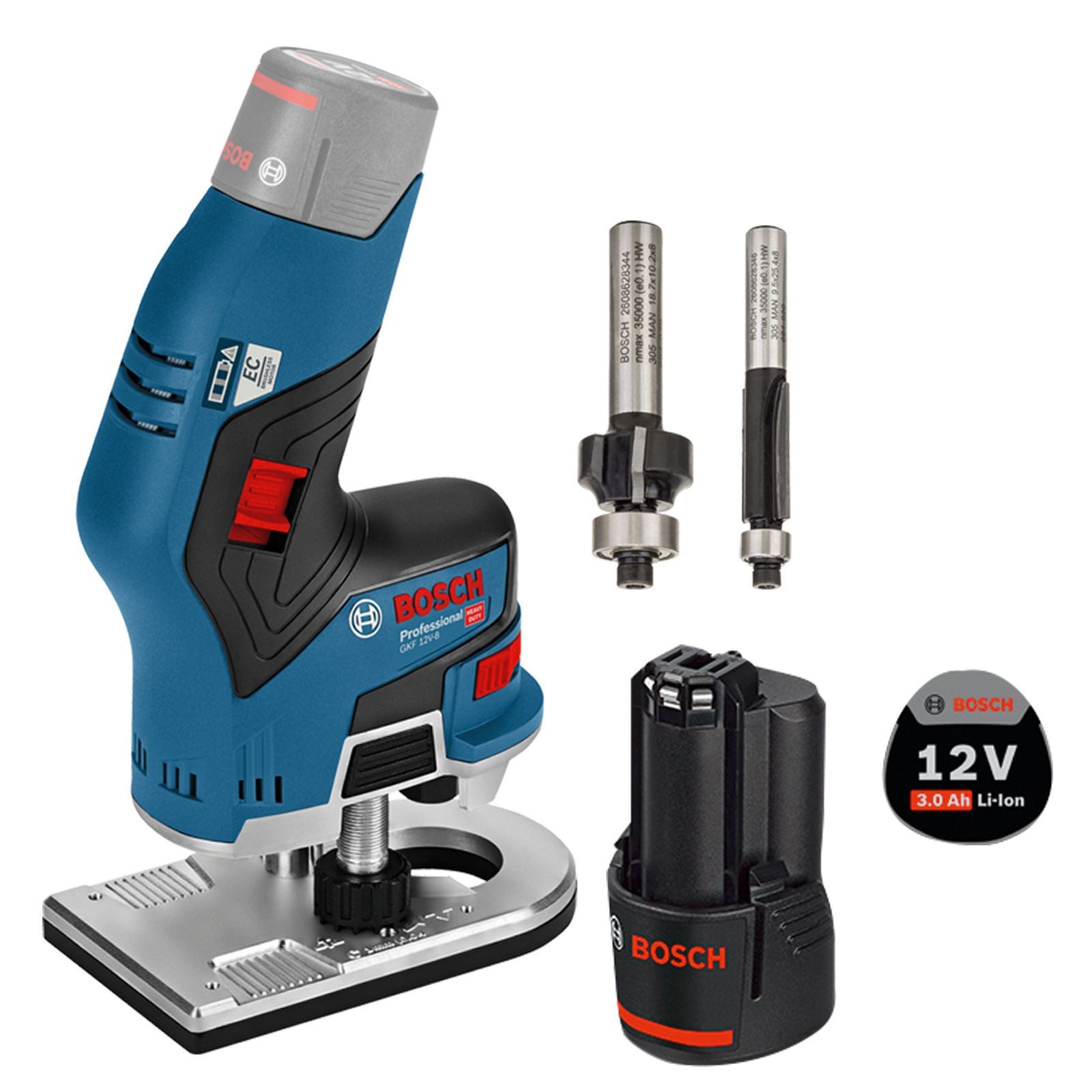 BOSCH Kantenfräser Bosch Akku-Kantenfräse GKF 12V-8 / 1x 3,0 Ah Akku inkl. 2x Fräser