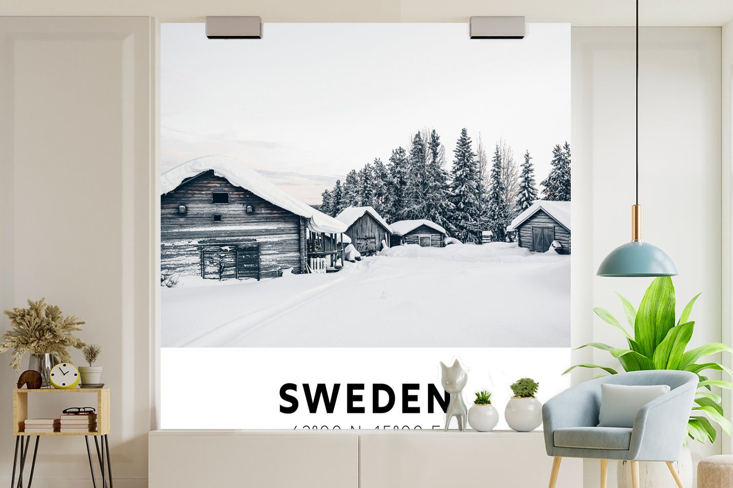 MuchoWow Fototapete Schweden - bedruckt, - oder Winter, Wohnzimmer für (5 Tapete Vinyl Skandinavien Schnee - Matt, St), Wandtapete Schlafzimmer