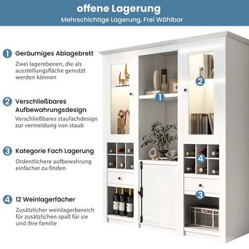 WISHDOR Standvitrine Anrichte (Buffet mit Weinregal,Dekorative Rahmenoptik) lasvitrine mit LED-Beleuchtung inkl. Fernbedienung