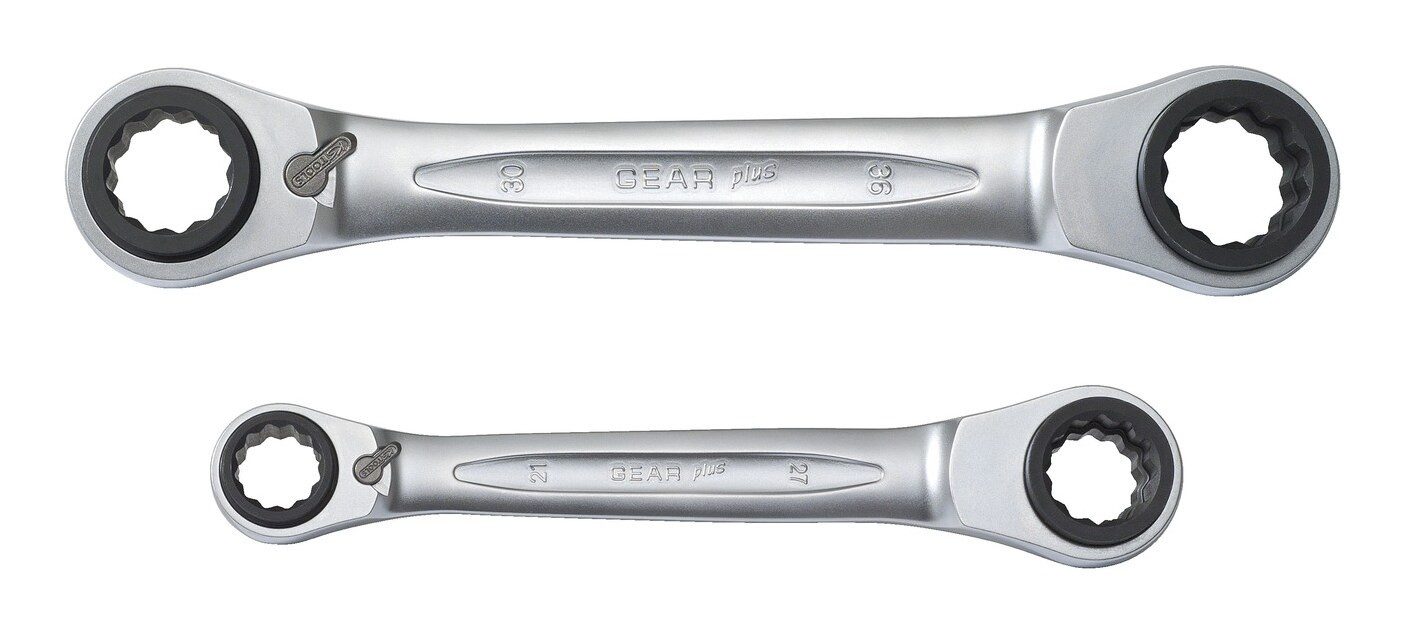 KS Tools Ratschenringschlüssel GEARplus (2 St), 4 in 1 umschaltbar DoppelSatz, 2-teilig 21-34 mm