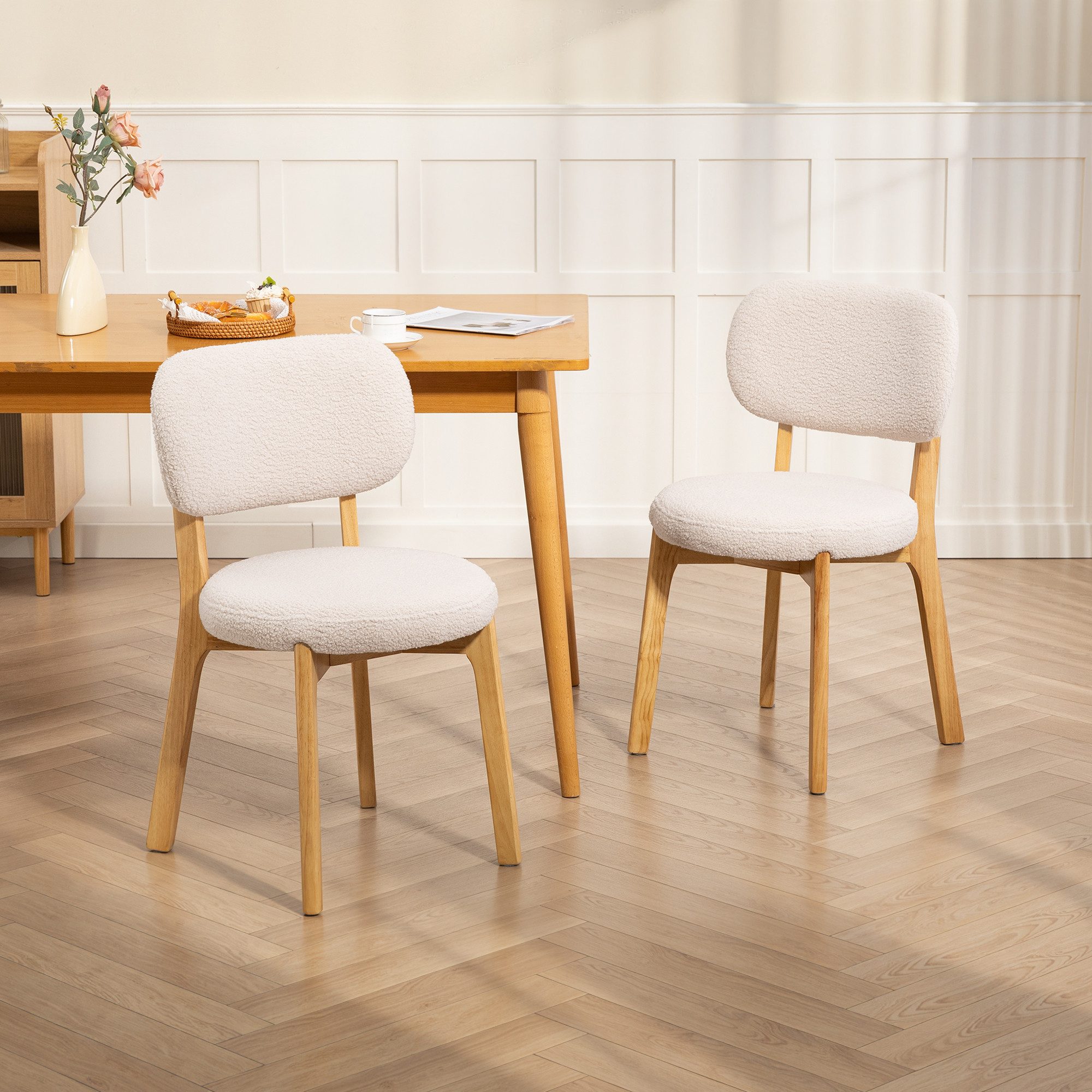 HOMCOM Esszimmerstuhl Küchenstuhl Polsterstuhl mit geschwungener Rückenlehne (Set, 2 St), 2er Set, Bouclé-Bezug, Holzbeine
