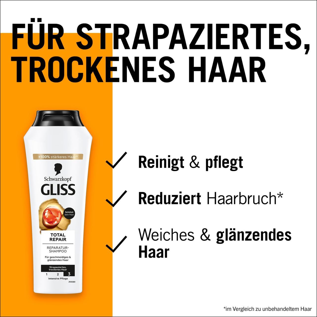 Gliss Haarshampoo Total Repair 250ml & Haar-Spülung 200ml, 2-tlg., Keratin Shampoo, reinigt, pflegt und schützt, Tiefenreparatur