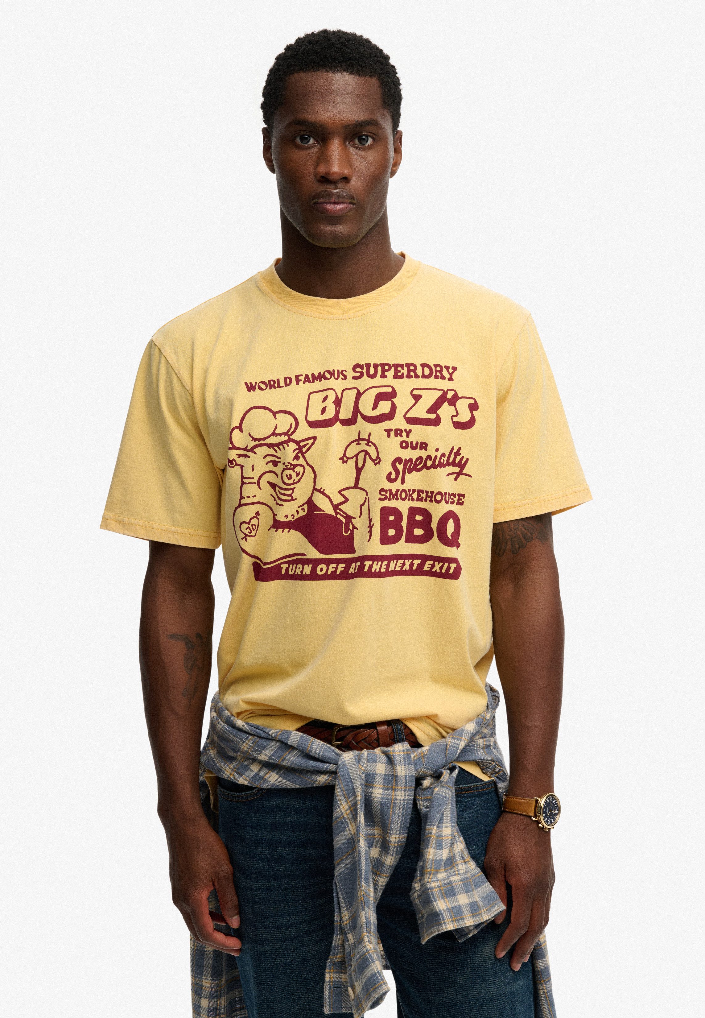 Superdry Rundhalsshirt ROADSIDE TRADE LOOSE TEE Loose Fit, aus Baumwolle und Single Jersey, mit Druck, pflegeleicht