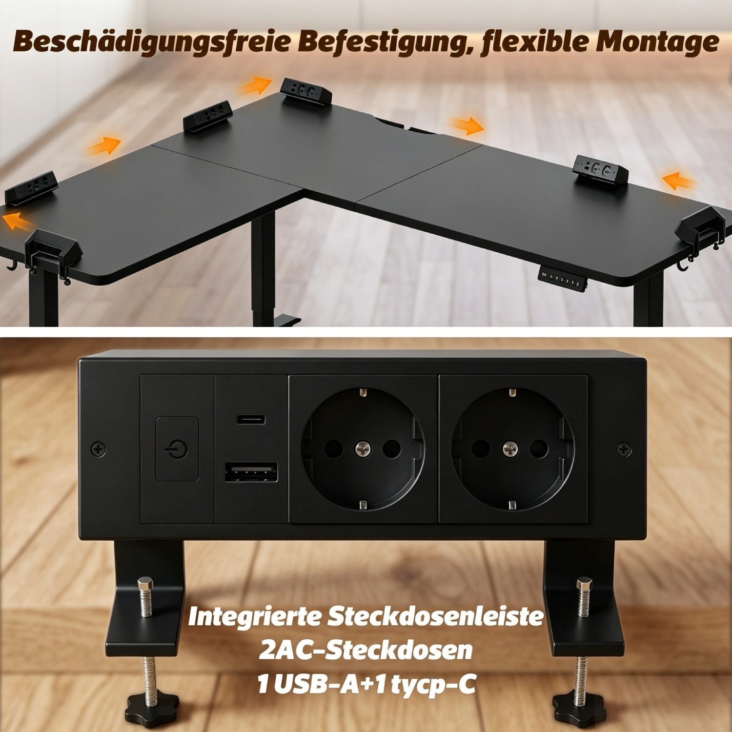 HOMALL Schreibtisch 160 x 140cm Eckschreibtisch Höhenverstellbarer Schreibtisch L Form (Maße: 160 × 140 / 190 × 155, 20 mm dicke Tischplatte, Tragkraft bis zu 100 kg, mit beweglicher Steckdose, in 3 Stufen höhenverstellbar)