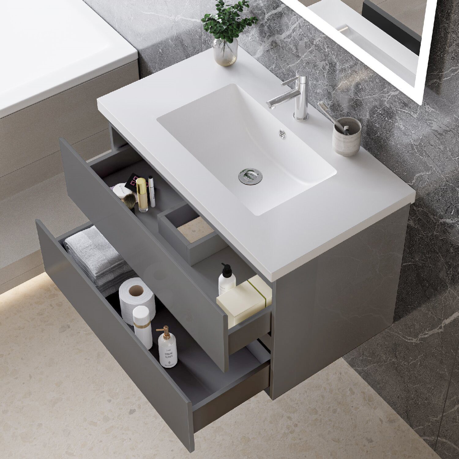 duschspa Waschtisch Waschbecken mit Unterschrank Badmöbel Set Badschrank Waschplatz, Hochglanz, 50-120cm