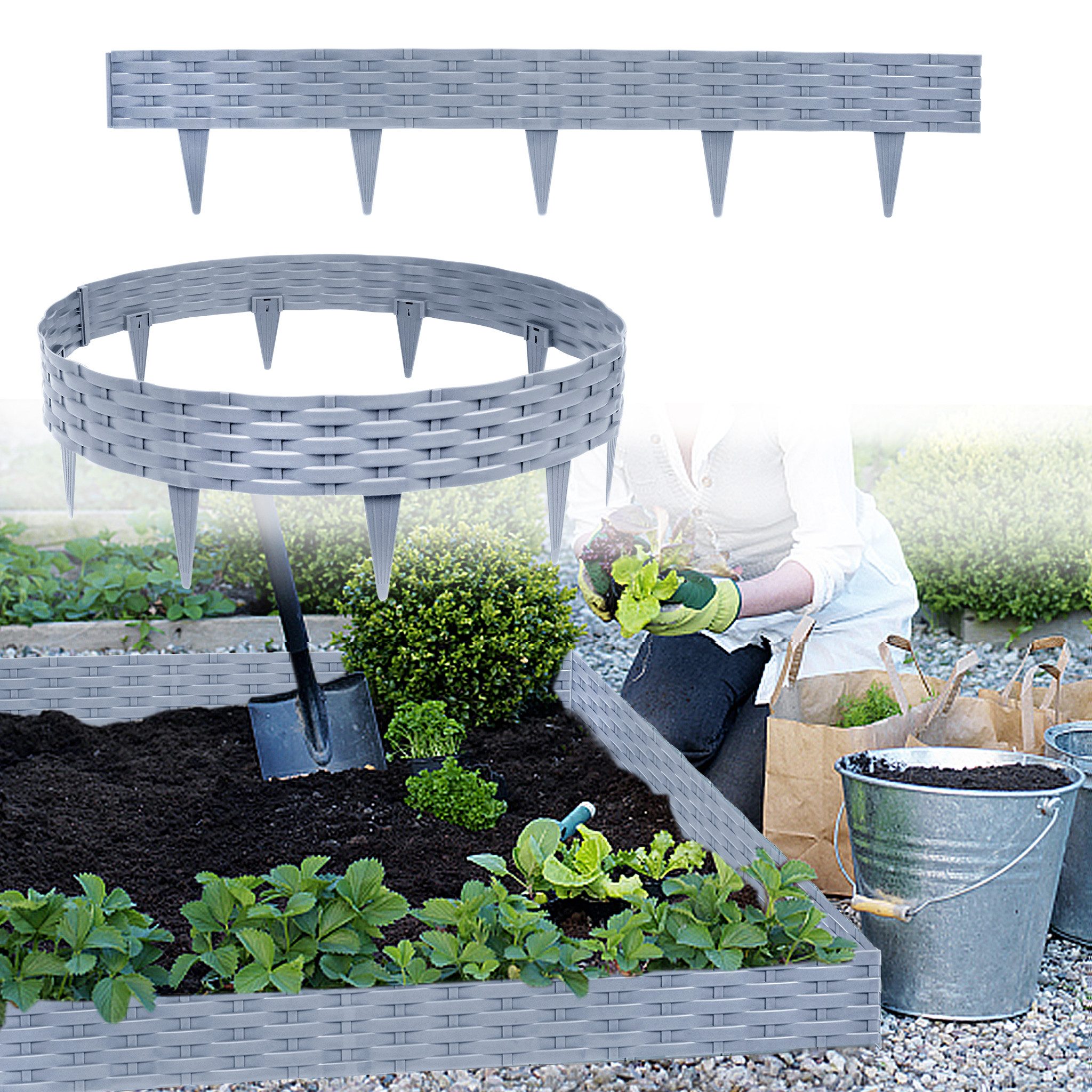 FIVMEN Rasenkante Rattan Optik Kunststoff, flexible Beetumrandung Mähkante, Gartenpalisade als Randstein für Garten Balkon Terrasse