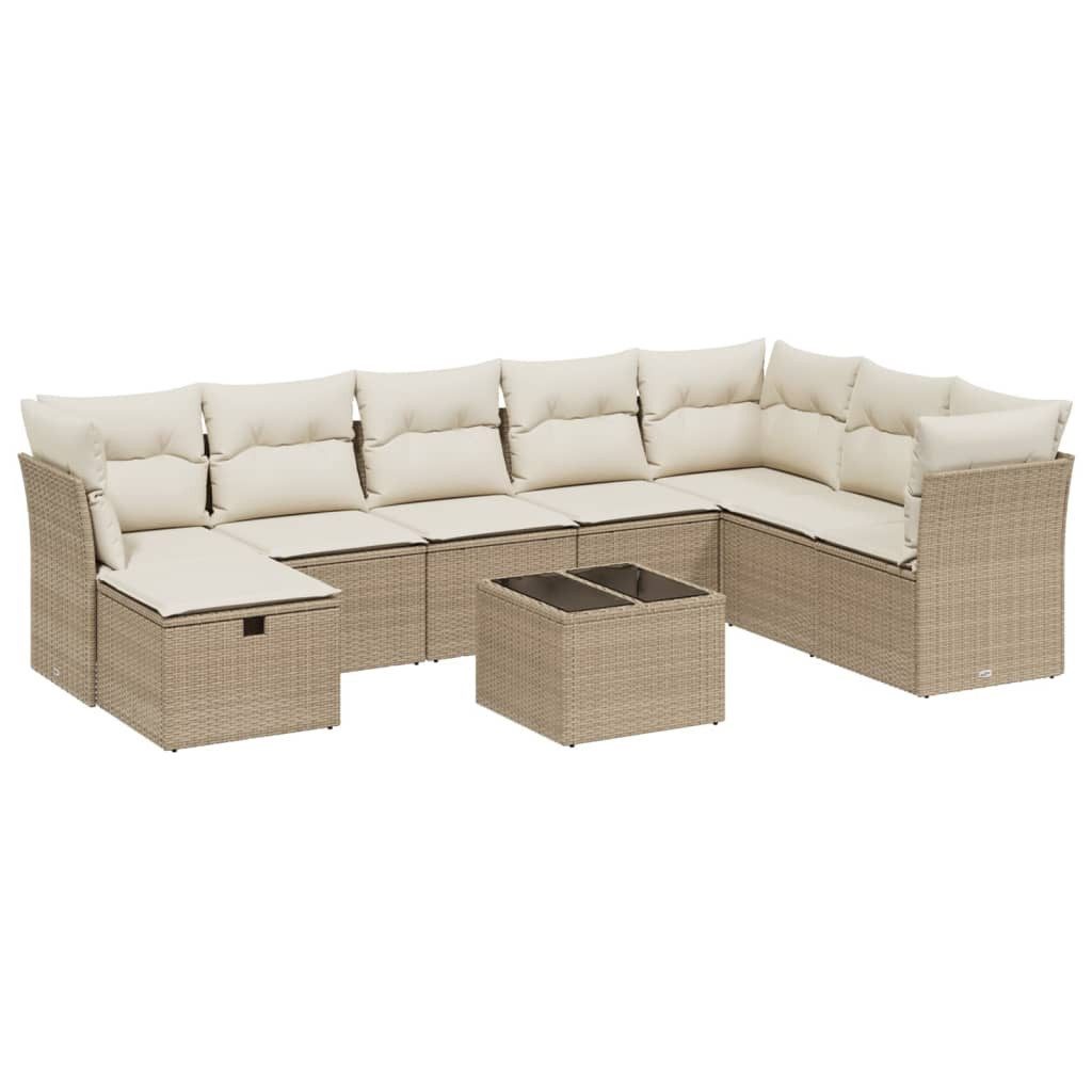 Gartenlounge-Set 9-tlg. Garten-Sofagarnitur mit Kissen Beige Poly Rattan
