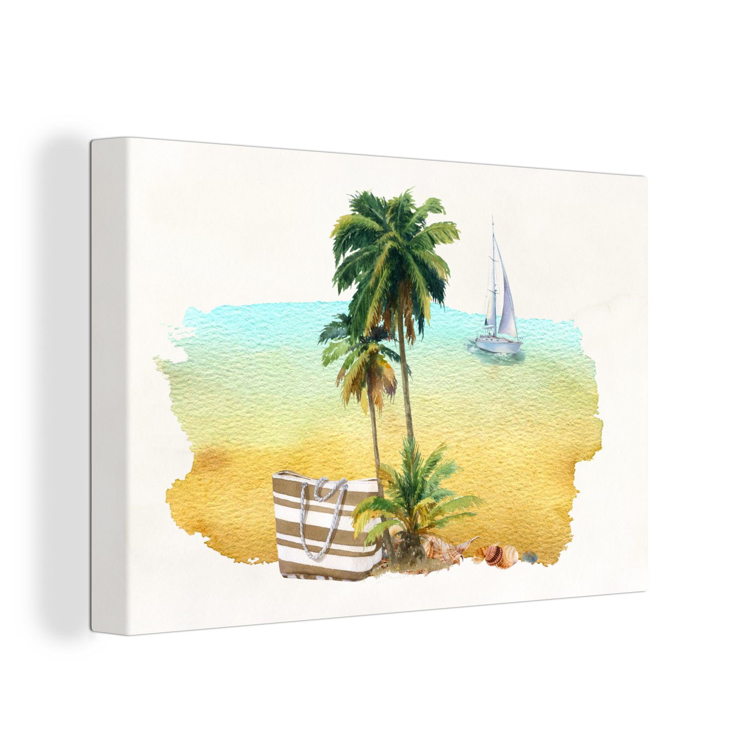 OneMillionCanvasses® Leinwandbild Tasche - Boot - Palme, (1 St), Wandbild Leinwandbilder, Aufhängefertig, Wanddeko, 30x20 cm