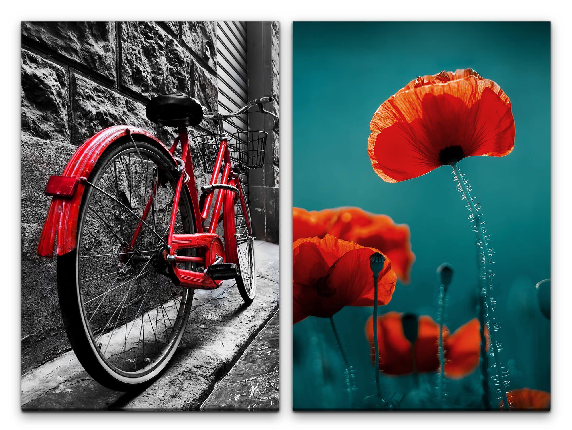 Sinus Art Leinwandbild 2 Bilder je 60x90cm Fahrrad Vintage Mohnblume Rot Straße Stilvoll City