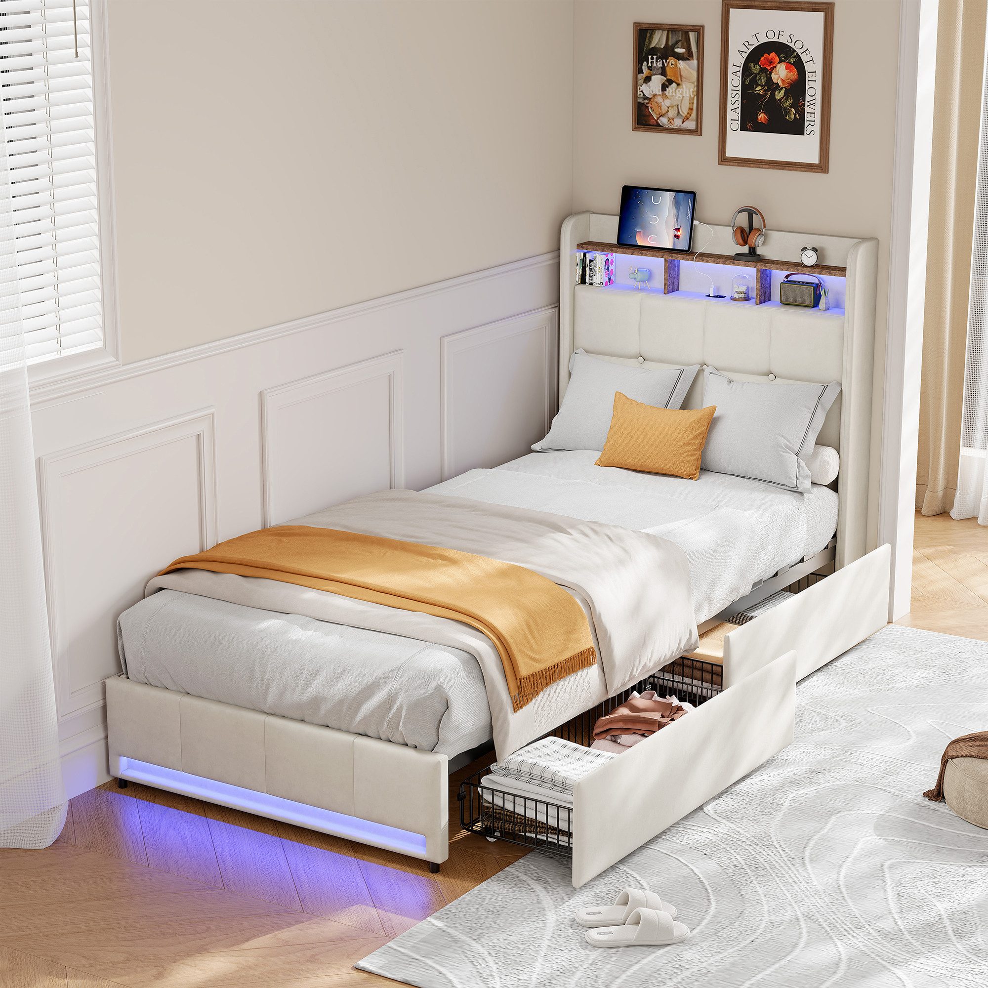 ADWOLT Polsterbett Stauraumbett Einzelbett mit LED-Beleuchtung und Ladefunktion (Jugendbett 90x200cm mit Lattenrost und USB&Typ-C,mit …