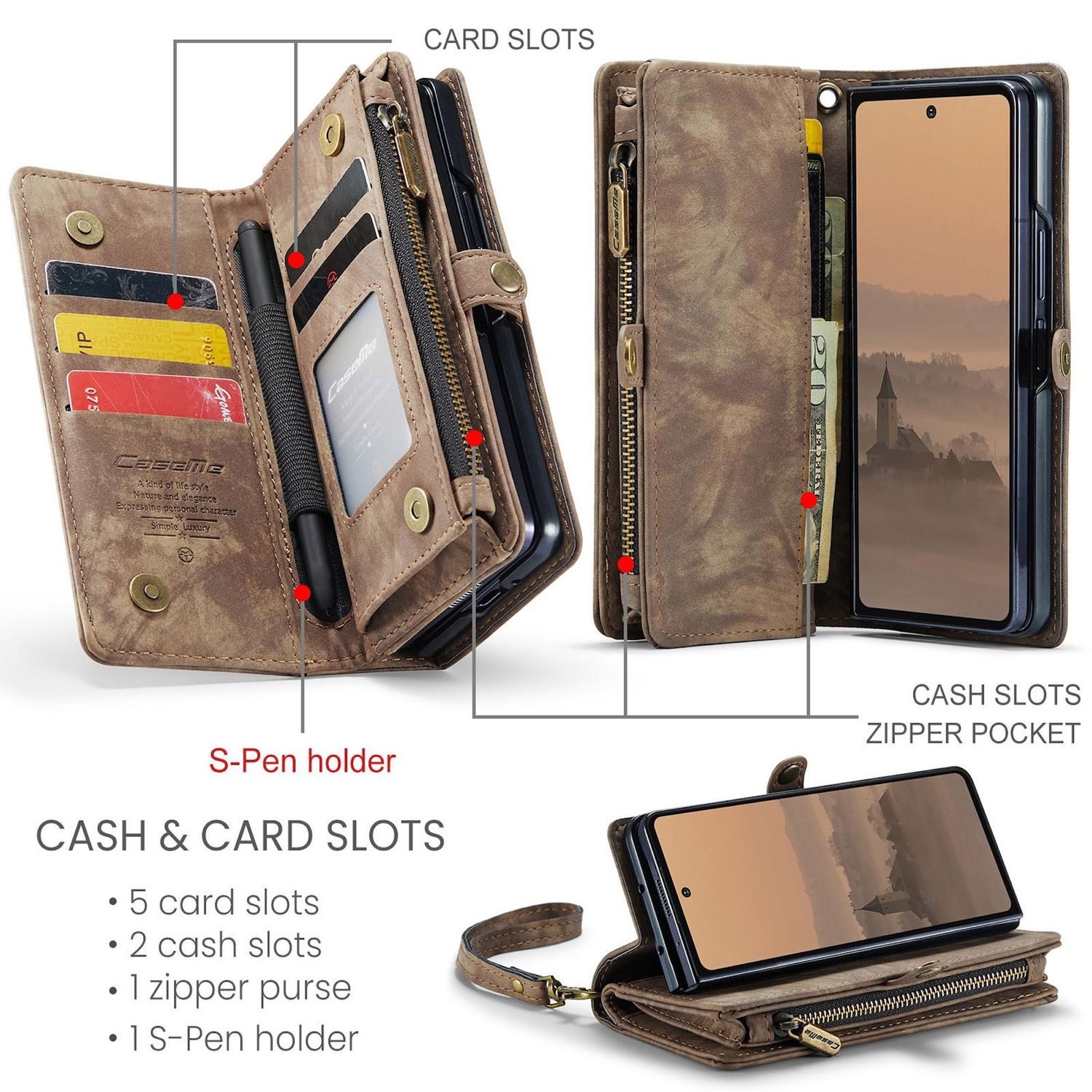 CaseMe Handyhülle Für Samsung Galaxy Z Fold7 5G Kunstleder 008 Multifunktion Hülle Braun, Kunstleder Schutz Tasche Smart Case Multifunktion